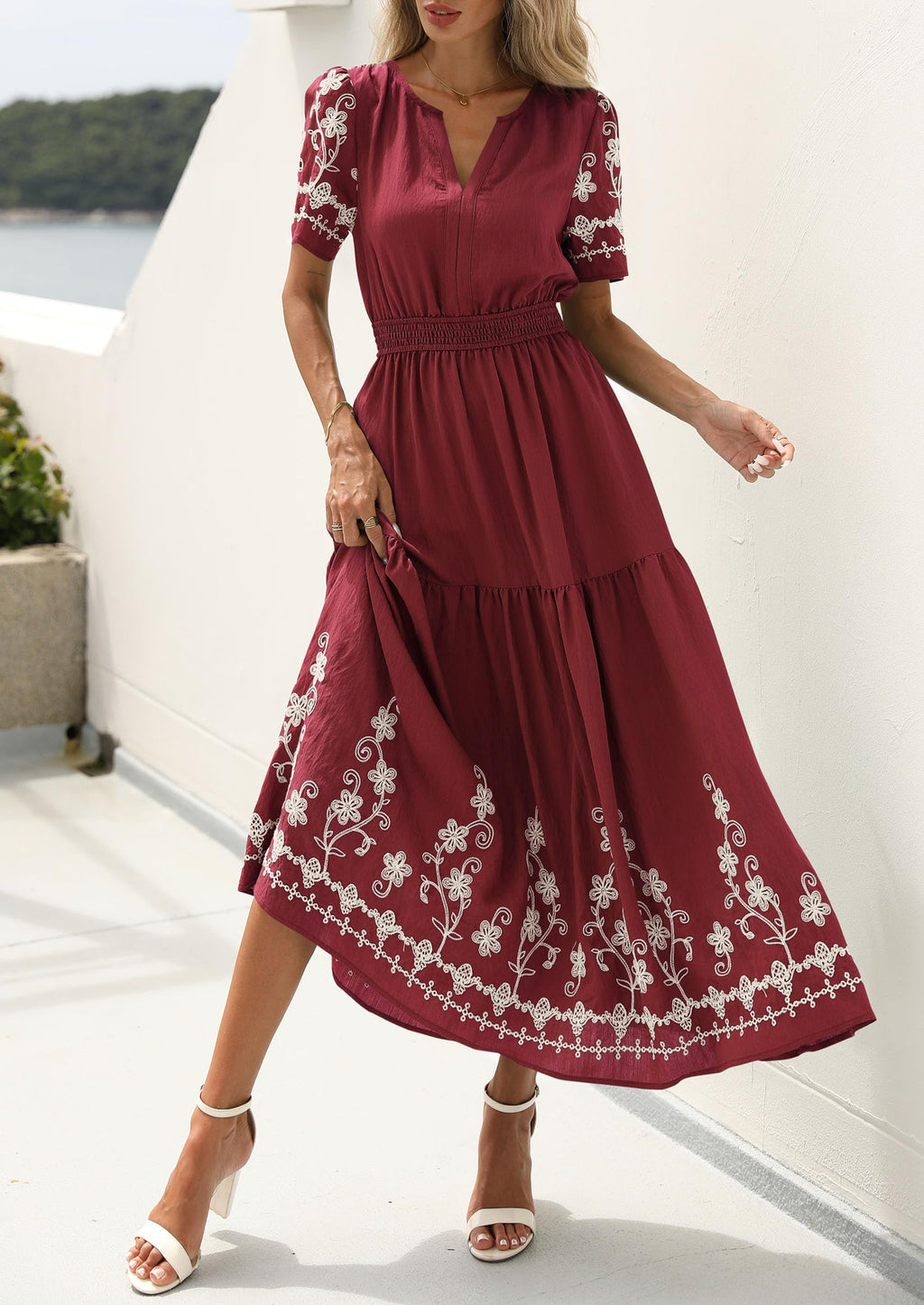 PRETTYGARDEN Women's Summer Boho Maxi Dress Spring Floral Short Sleeve V Neck A Line Flowy Beach Wedding Guest Dresses