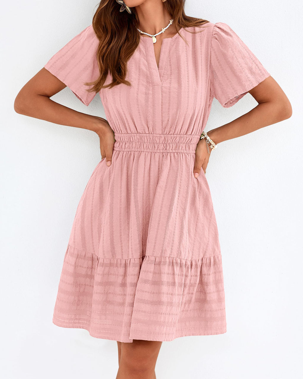 BTFBM Womens Spring  Casual Mini Dresses Lightweight Short Sleeve V Neck Elastic Waist Cute Boho Beach Dress Pockets