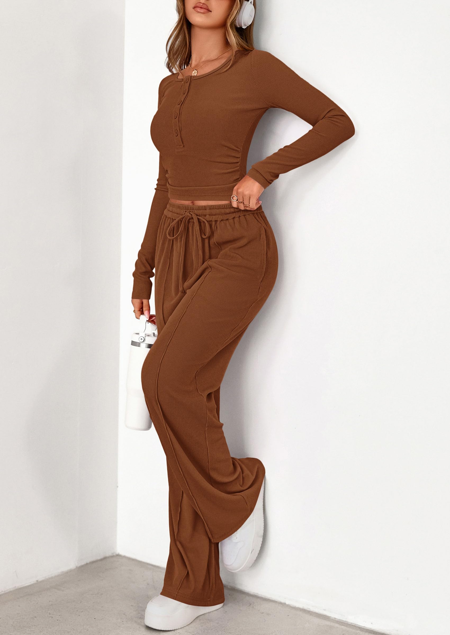 PRETTYGARDEN Women's  Fall Trendy 2 Piece Outfits Lounge Sets Long Sleeve Top Henley Shirts Wide Leg Pants Travel Clothes