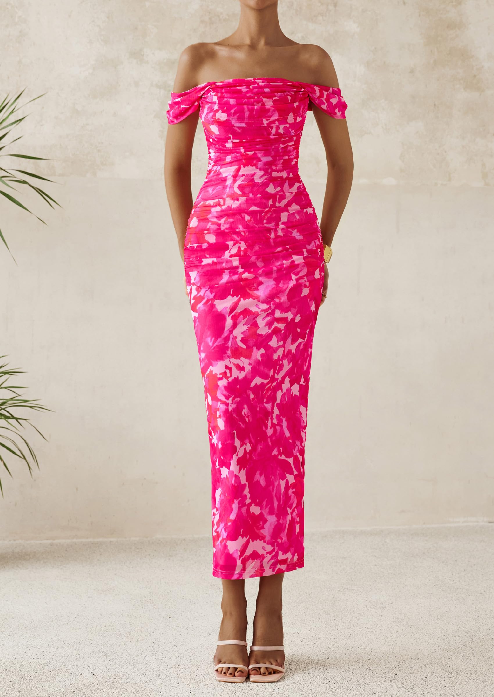 PRETTYGARDEN Cocktail Dresses for Women Summer Floral Off Shoulder Ruched Mesh Elegant Wedding Guest Maxi Dress