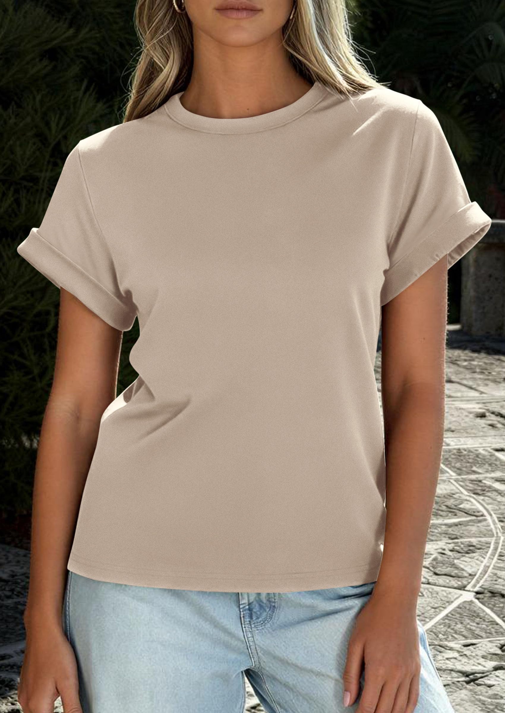 PRETTYGARDEN Womens Summer Tops Spring Casual Rolled Short Sleeve Basic Tees Crew Neck Work Shirts Fashion Clothing
