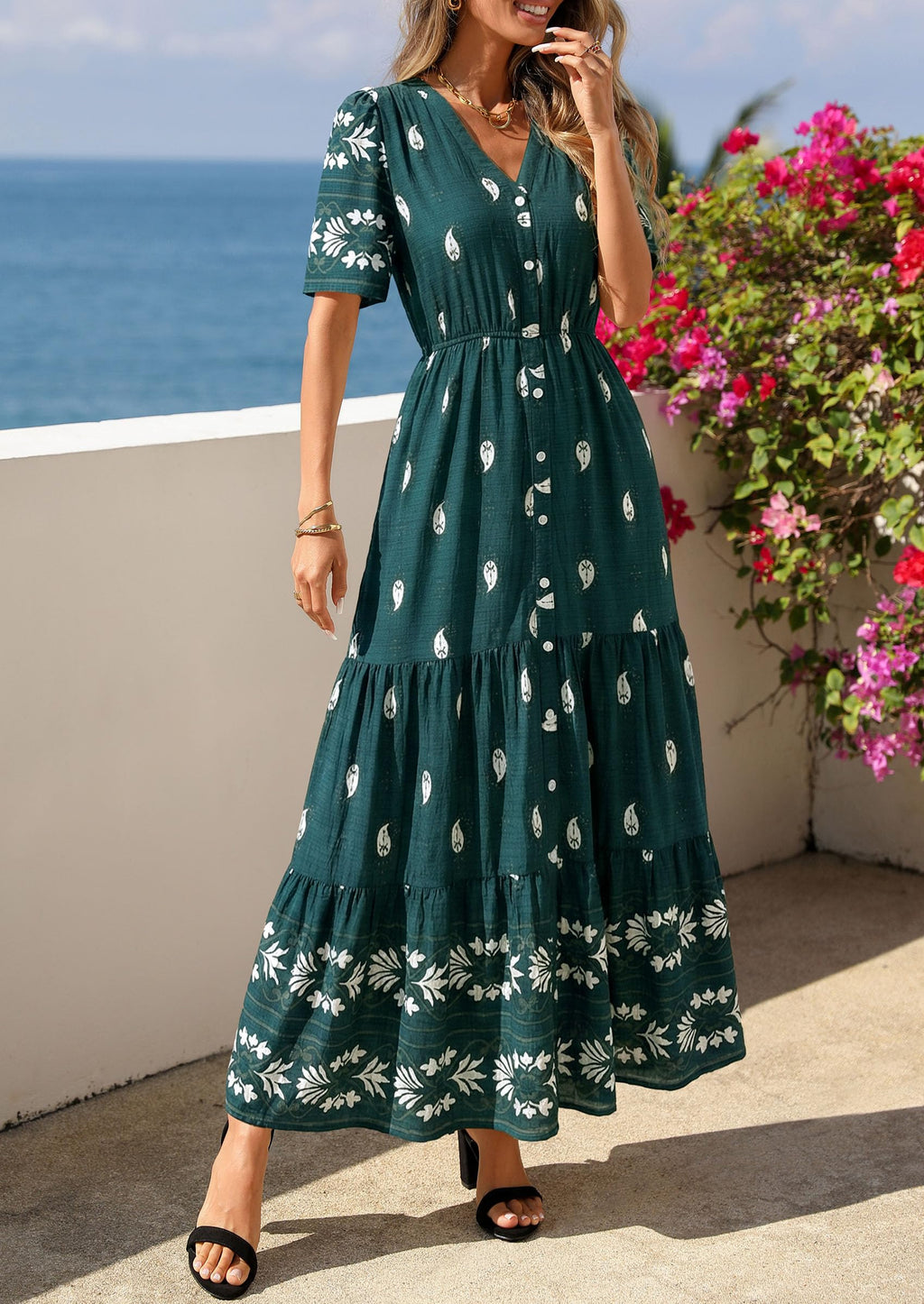 PRETTYGARDEN Womens Summer Boho Maxi Dress Trendy Short Sleeve V Neck Flowy Beach Floral Dresses with Pockets