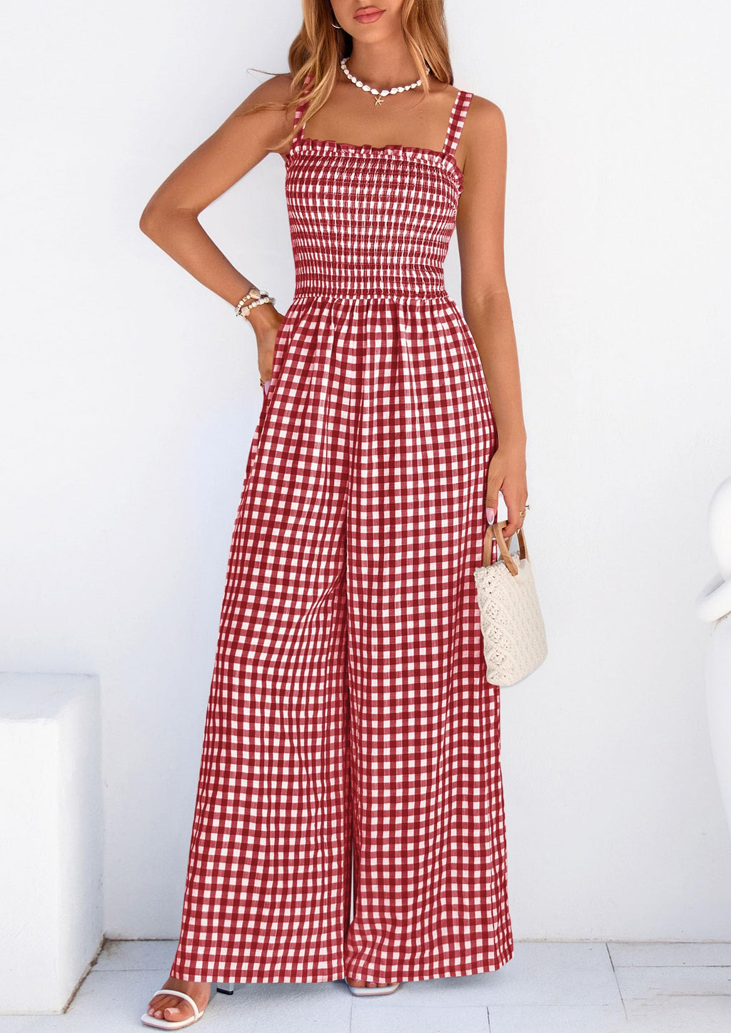 PRETTYGARDEN One Piece Jumpsuits for Women Casual Summer Cruise Outfits  Spring Fashion Smocked Wide Leg Gingham Rompers