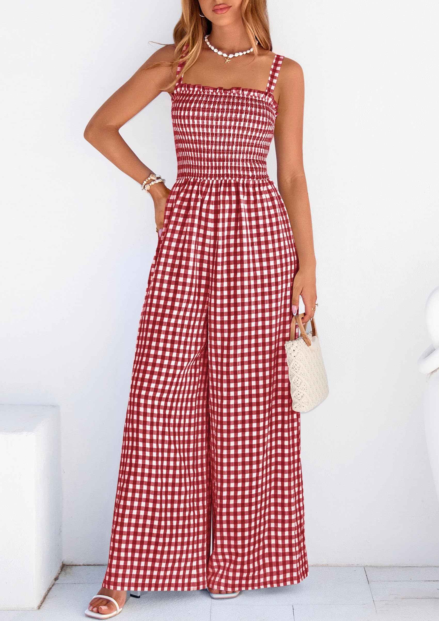 PRETTYGARDEN One Piece Jumpsuits for Women Casual Summer Cruise Outfits  Spring Fashion Smocked Wide Leg Gingham Rompers