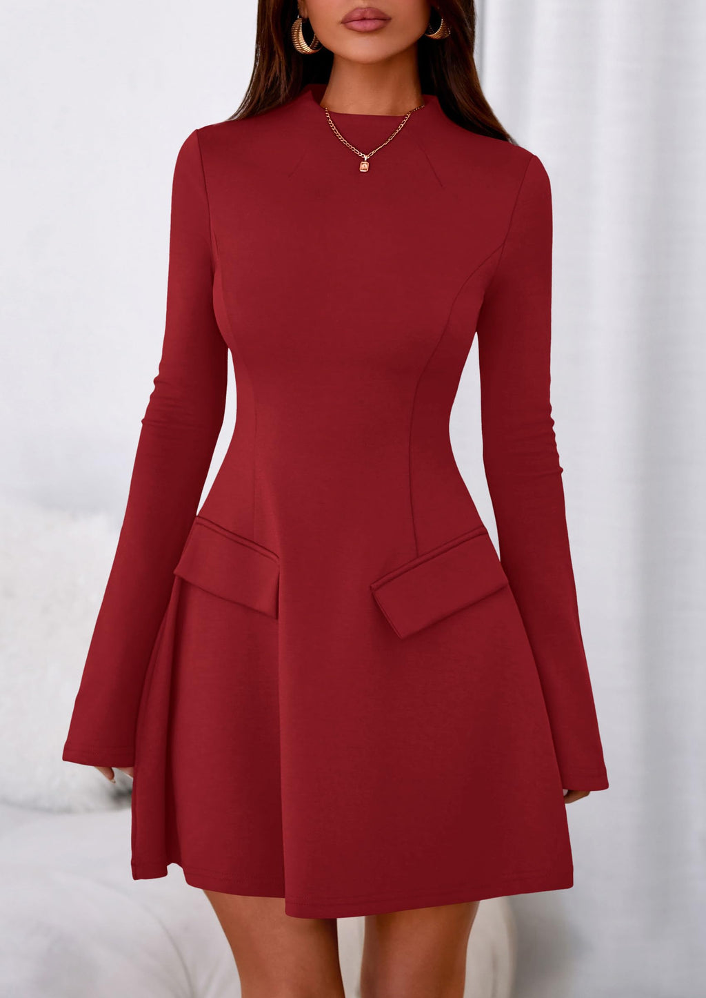 PRETTYGARDEN Women's Elegant Holiday Short Dress  Fall Bell Long Sleeve Mock Neck Work Business Casual Party Mini Dress
