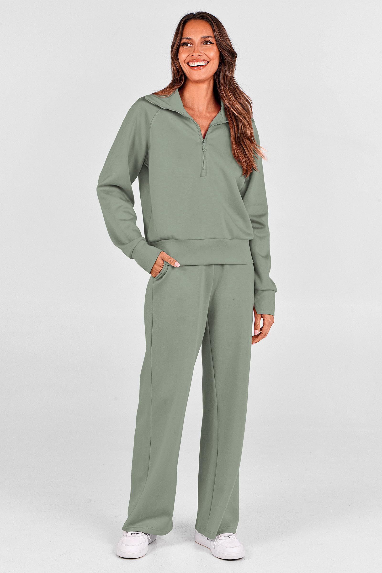 PRETTYGARDEN Women's 2 Piece Outfits Casual Lapel Half Zip Sweatshirts and Wide Leg Pants Tracksuit Sets