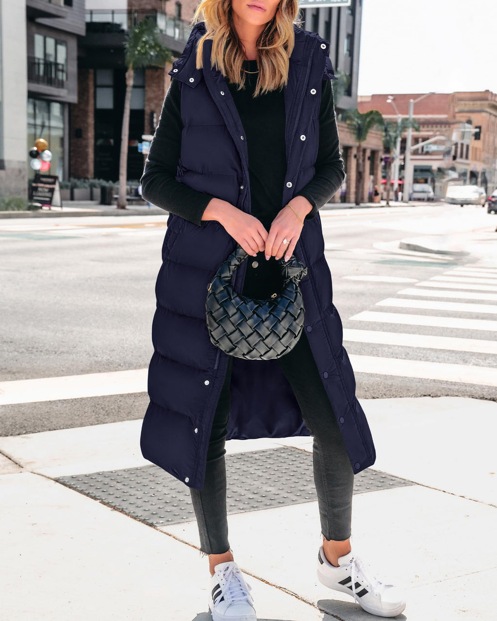 FreshPretty Long Puffer Vest Women Quilted Hooded Button Down Zip Up Sleeveless Vests Outerwear Padded Jacket Fall Winter Coat