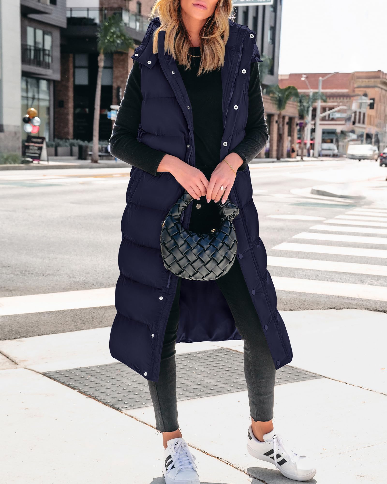 FreshPretty Long Puffer Vest Women Quilted Hooded Button Down Zip Up Sleeveless Vests Outerwear Padded Jacket Fall Winter Coat