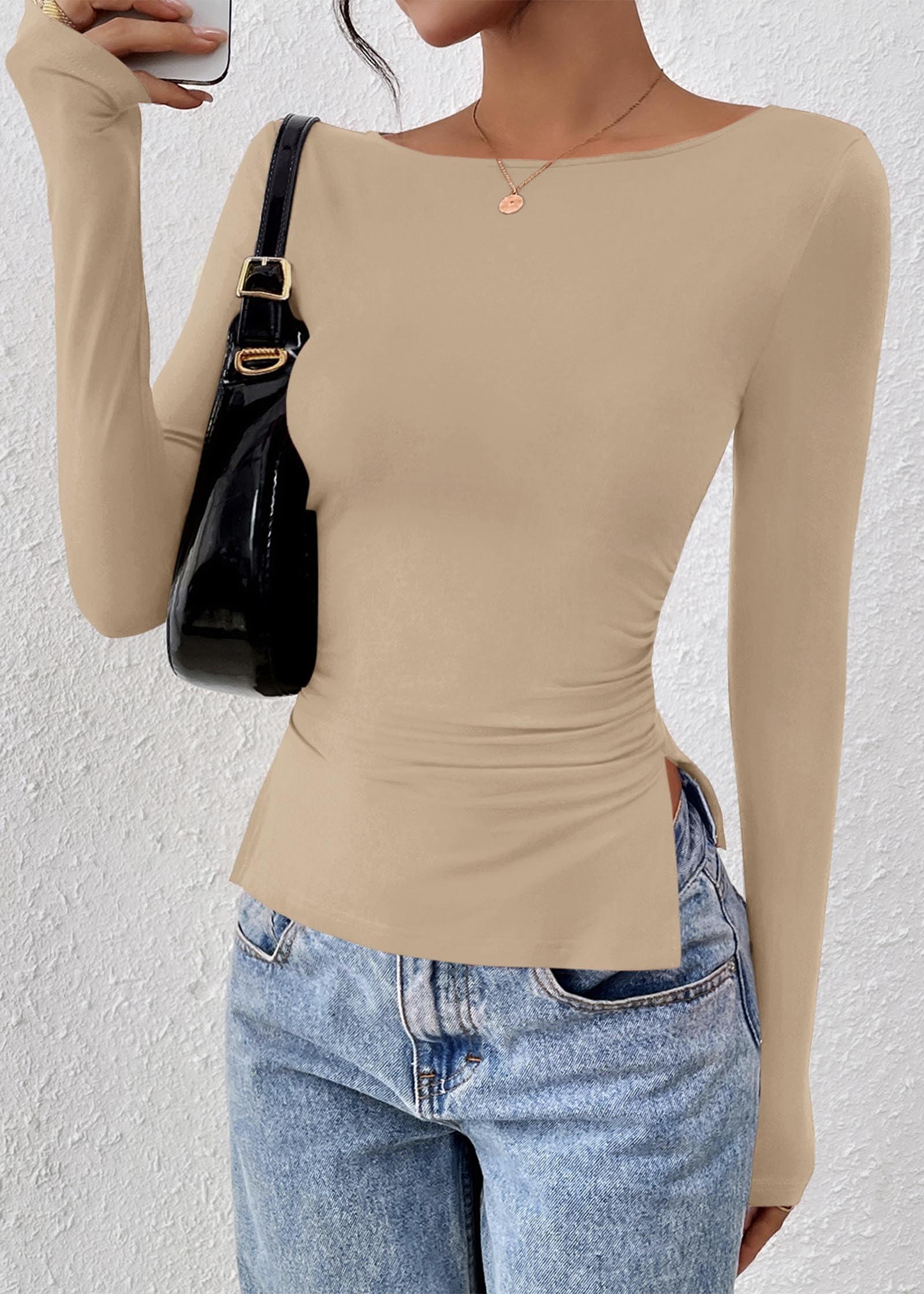 FreshPretty Long Sleeve Shirts for Women Fall Casual Boat Neck Knit Workout Going Out Tops Fitted Side Slit Basic Tees