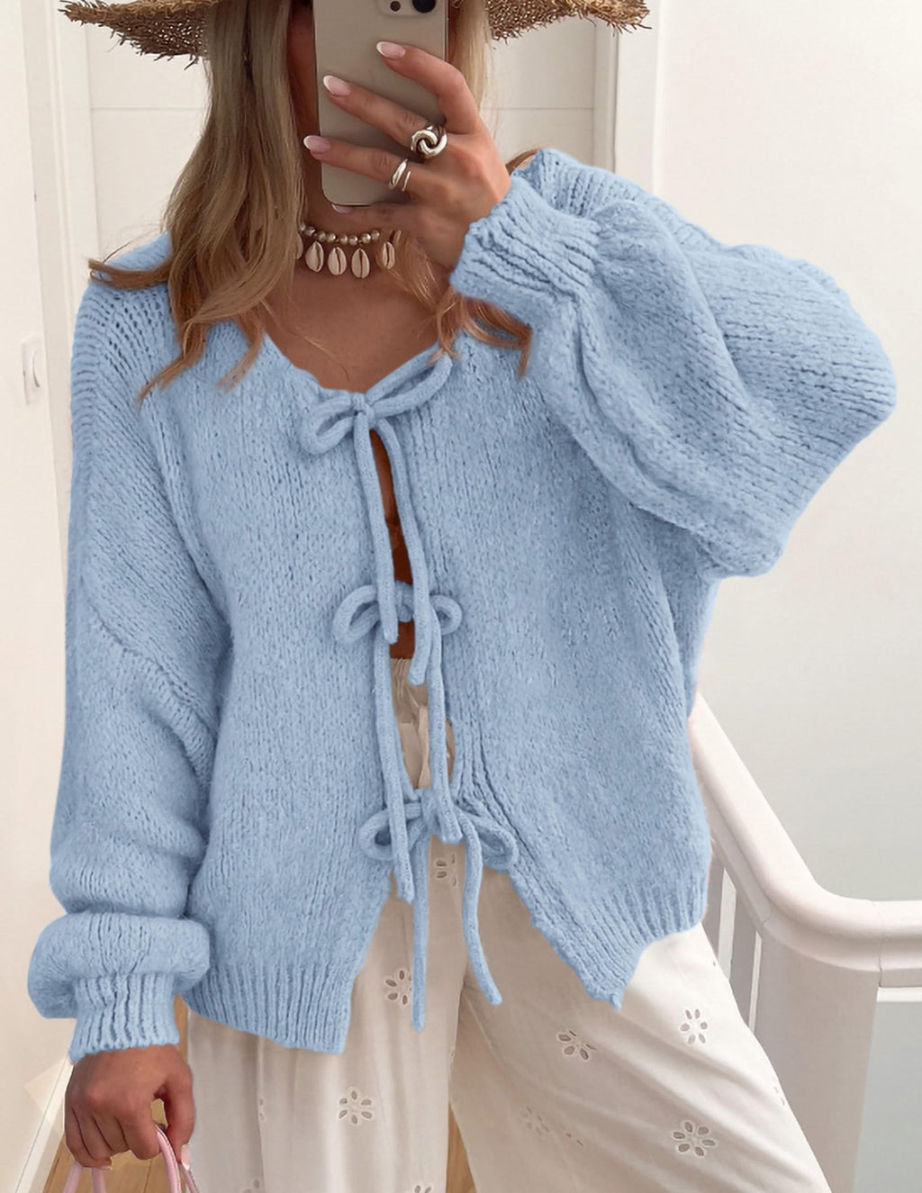 PRETTYGARDEN Women's Tie Front Bow Cardigan Sweaters Chunky Knit Long Puff Sleeve Trendy Fall Winter Jacket Coat