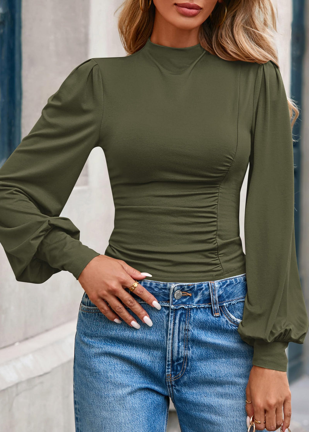 FreshPretty Blouses for Women Dressy Casual Spring Tops Fall Puff Long Sleeve Shirts Fitted Mock Neck Ruched Trendy Tops