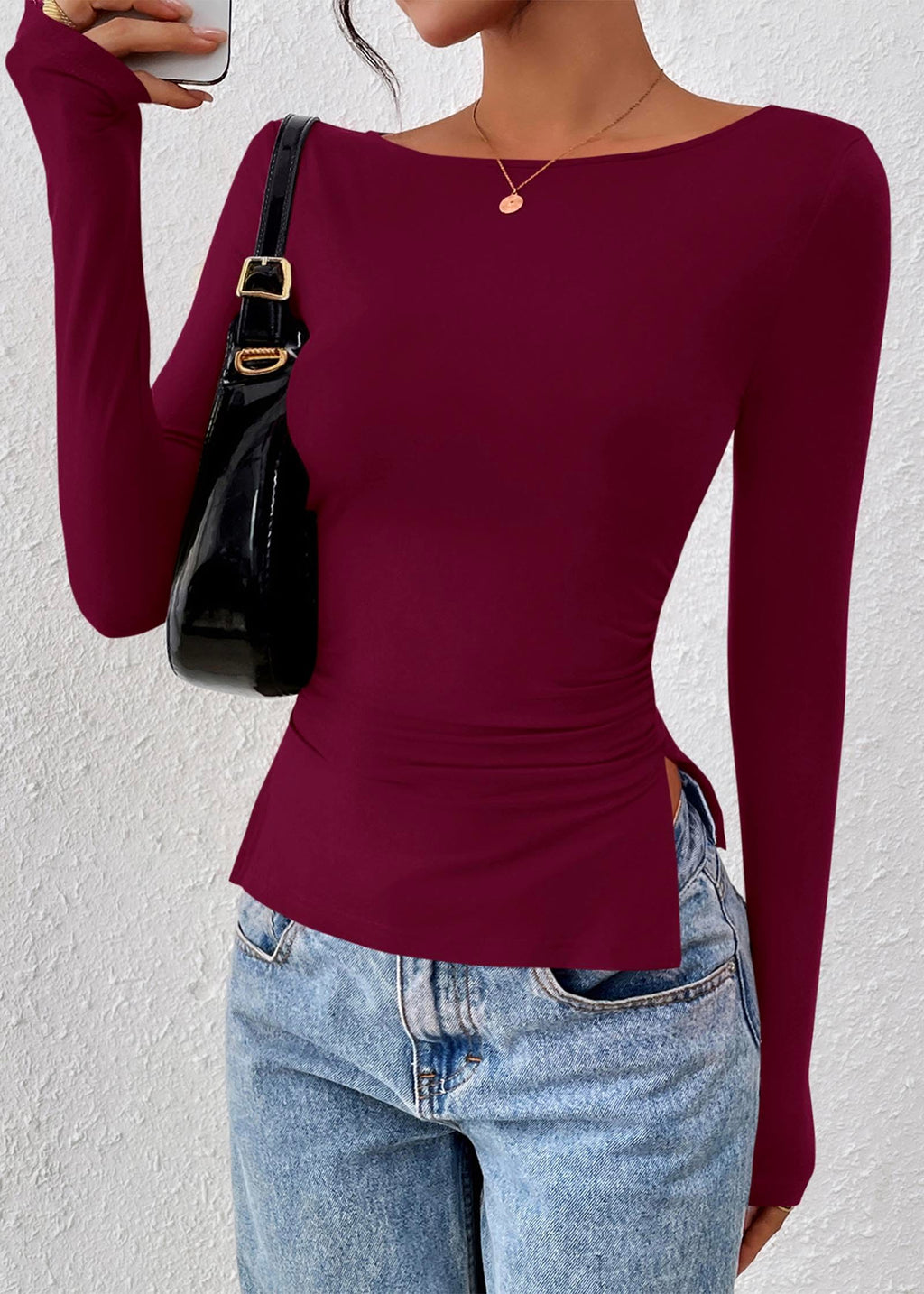 FreshPretty Long Sleeve Shirts for Women Fall Casual Boat Neck Knit Workout Going Out Tops Fitted Side Slit Basic Tees