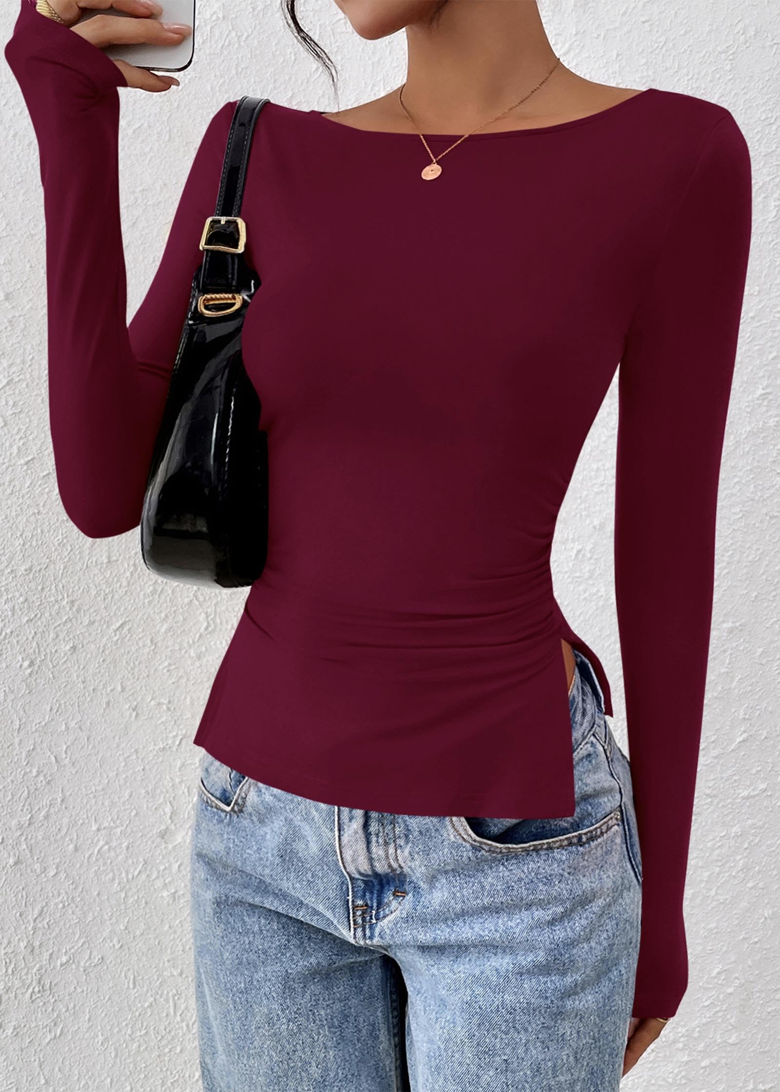 FreshPretty Long Sleeve Shirts for Women Fall Casual Boat Neck Knit Workout Going Out Tops Fitted Side Slit Basic Tees