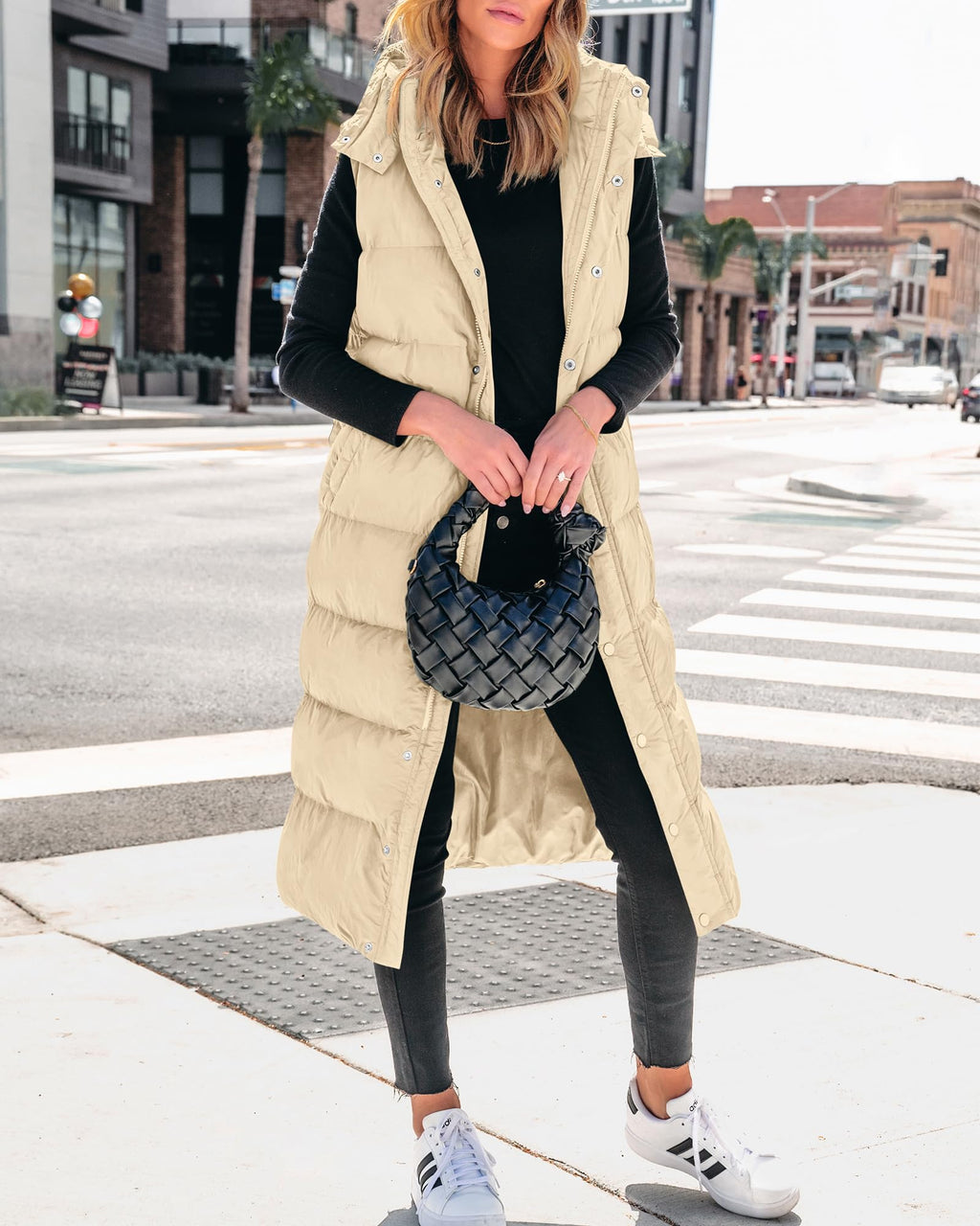 FreshPretty Long Puffer Vest Women Quilted Hooded Button Down Zip Up Sleeveless Vests Outerwear Padded Jacket Fall Winter Coat