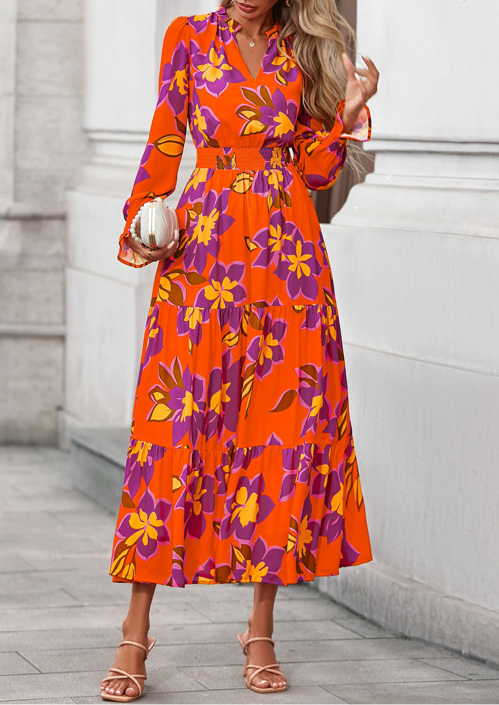 PRETTYGARDEN Women's Floral Maxi Dress Fall Long Sleeve V Neck Casual A Line Long Flowy Boho Party Dresses