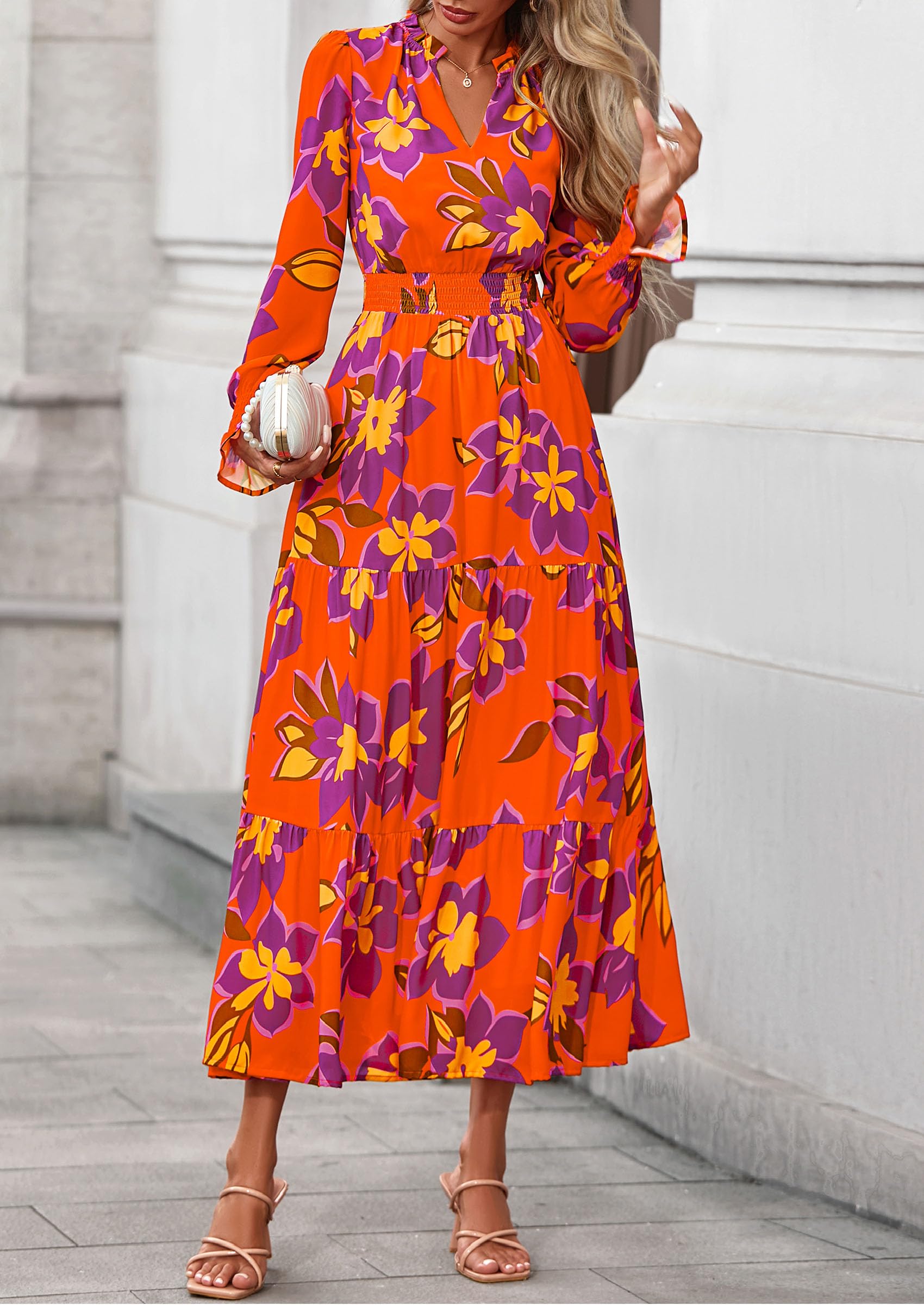 PRETTYGARDEN Women's Floral Maxi Dress Fall Long Sleeve V Neck Casual A Line Long Flowy Boho Party Dresses