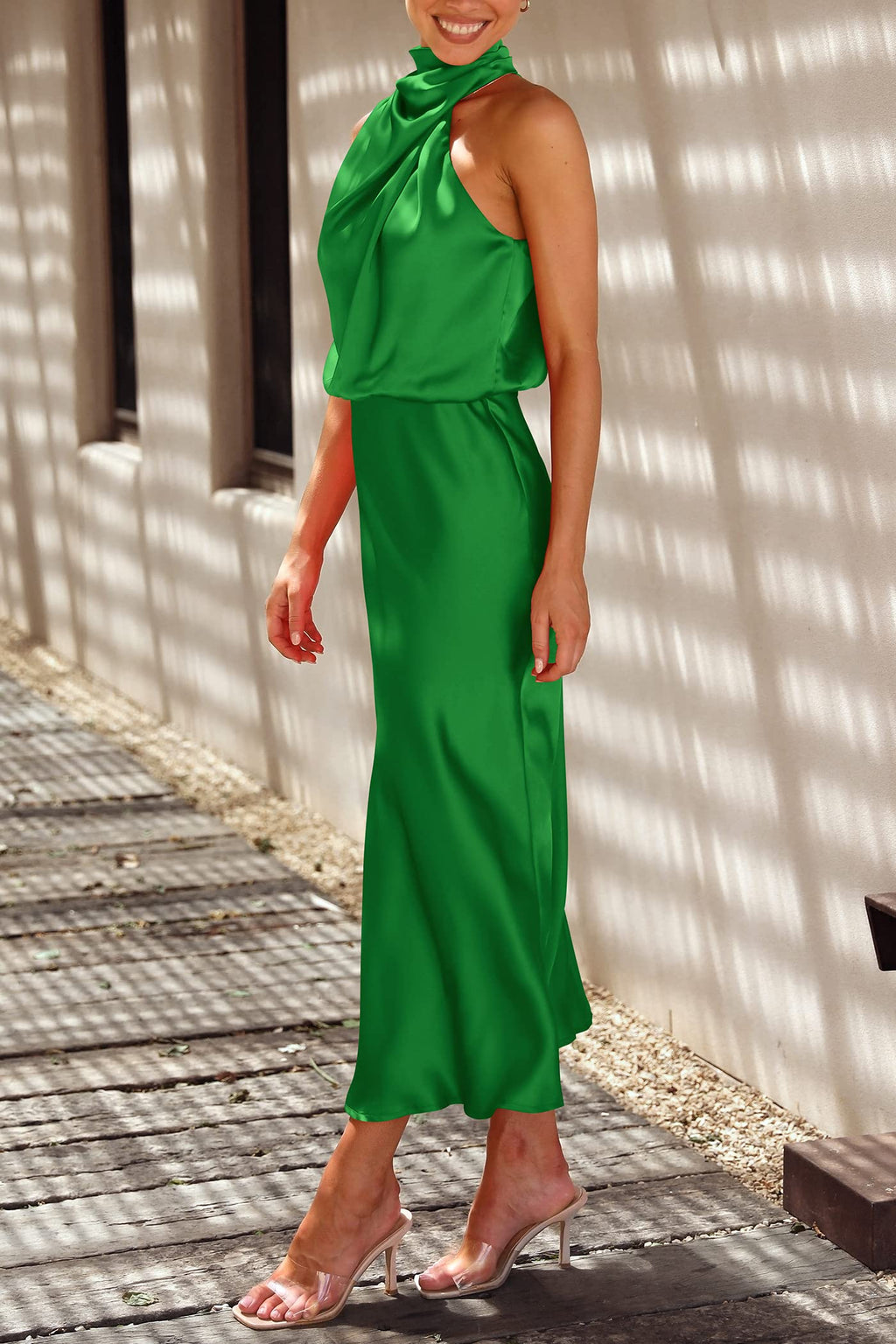 PRETTYGARDEN Women's Summer Satin Dress Elegant Sleeveless Mock Neck Cocktail Party Maxi Dresses