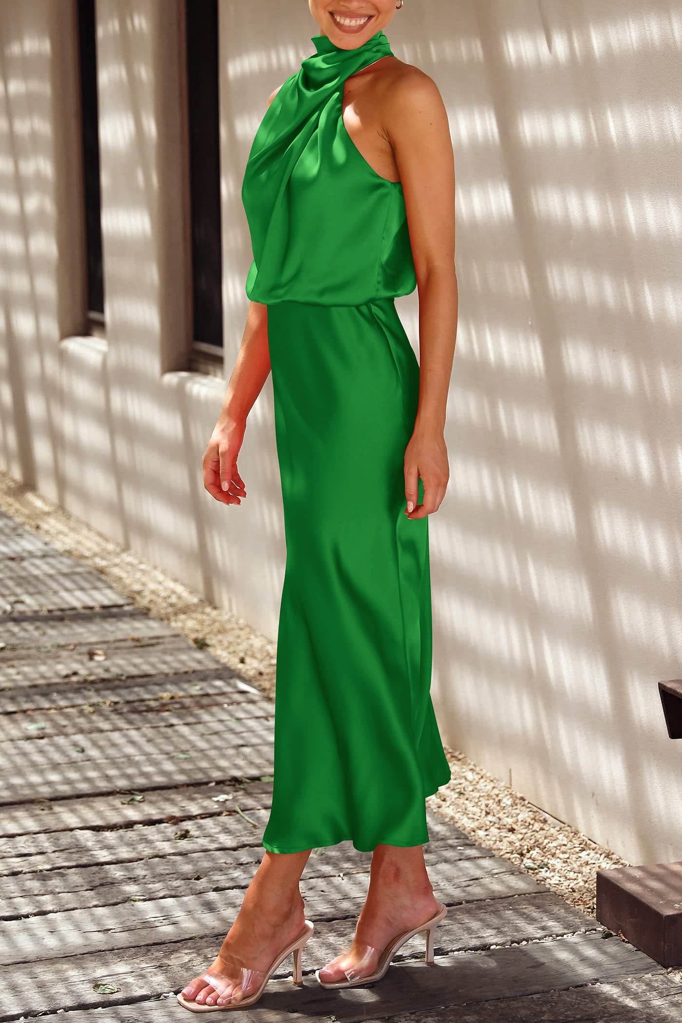 PRETTYGARDEN Women's Summer Satin Dress Elegant Sleeveless Mock Neck Cocktail Party Maxi Dresses