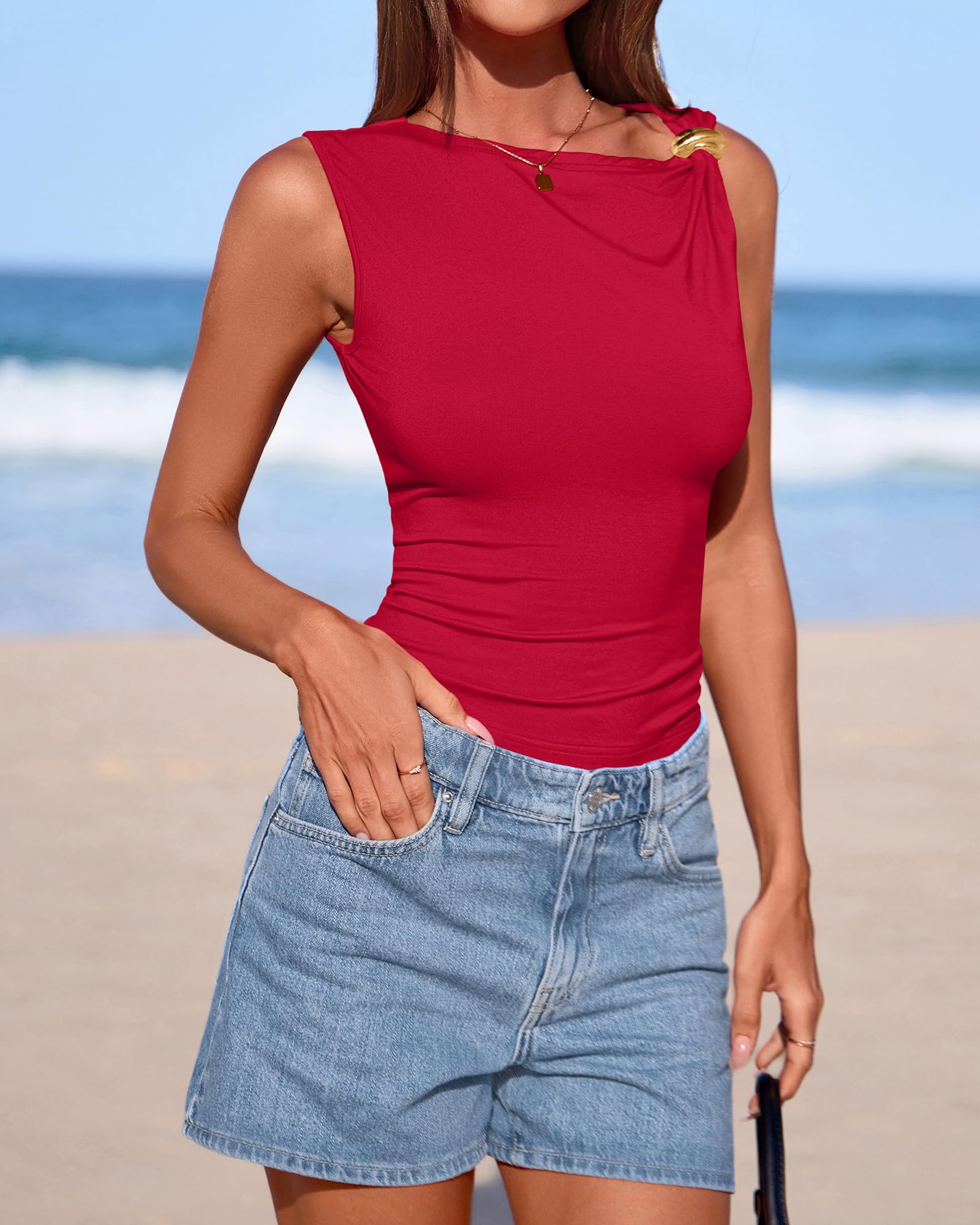 FreshPretty Spring Tops for Women Asymmetrical Neck Sleeveless Going Out Summer Outfits Casual Ruched Y2k Tank Top Clothes