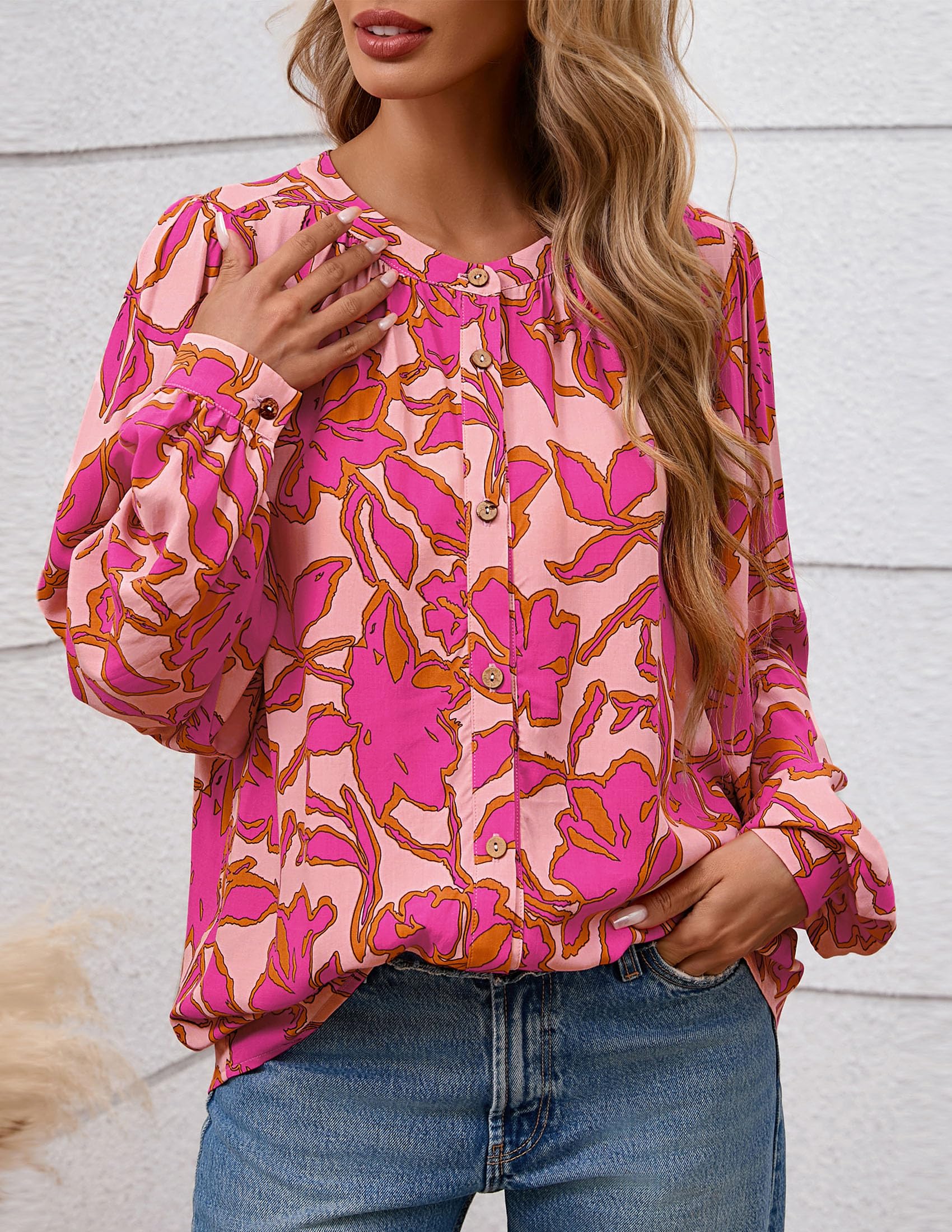 PRETTYGARDEN Women's Floral Button Down Blouse Fall Fashion Dressy Casual Long Sleeve Oversized Shirts Top Boho Clothes