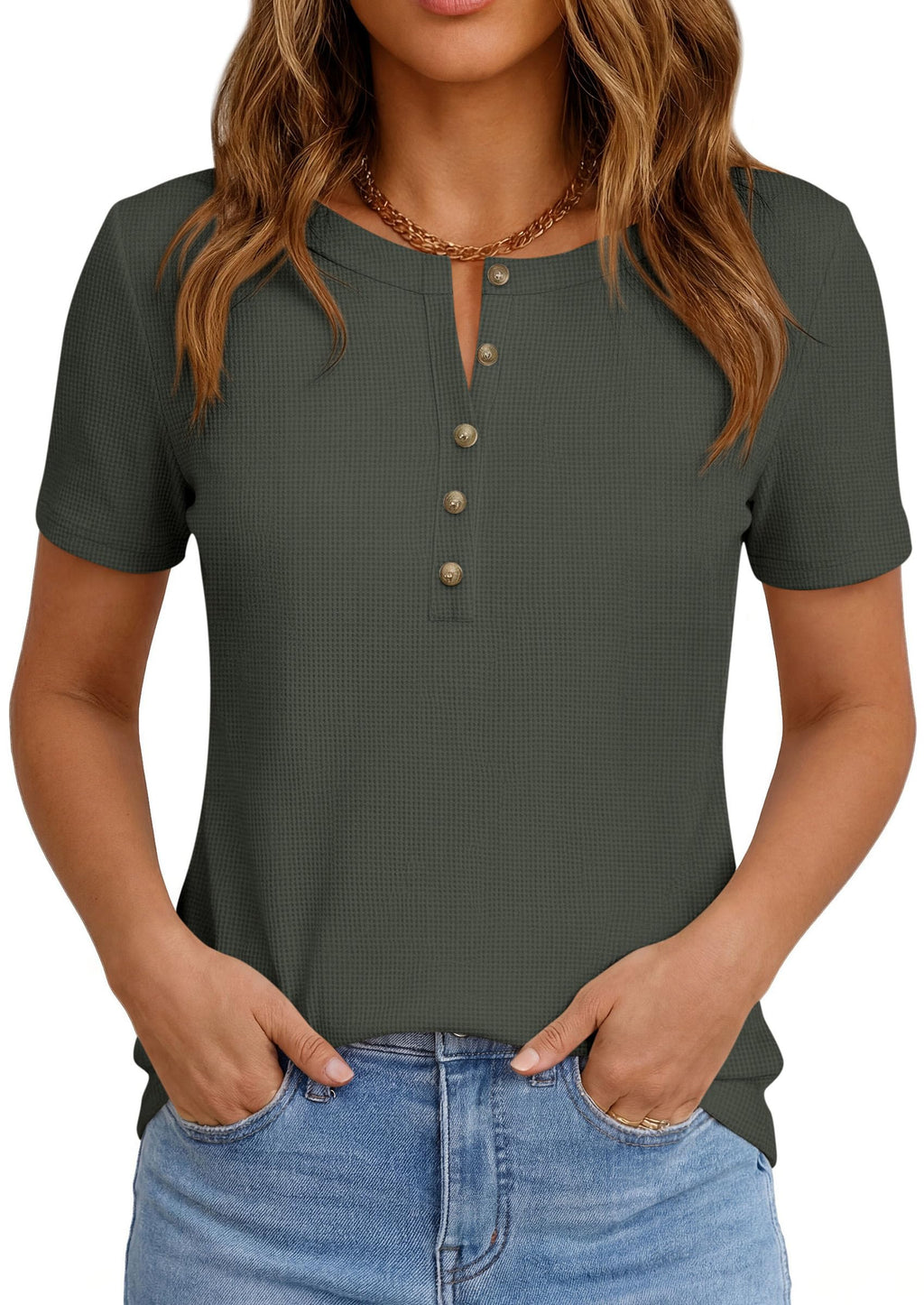 PRETTYGARDEN Waffle Knit Tops for Women Short Sleeve Henley Shirts  Summer Blouses Dressy Casual Spring Fashion Clothes