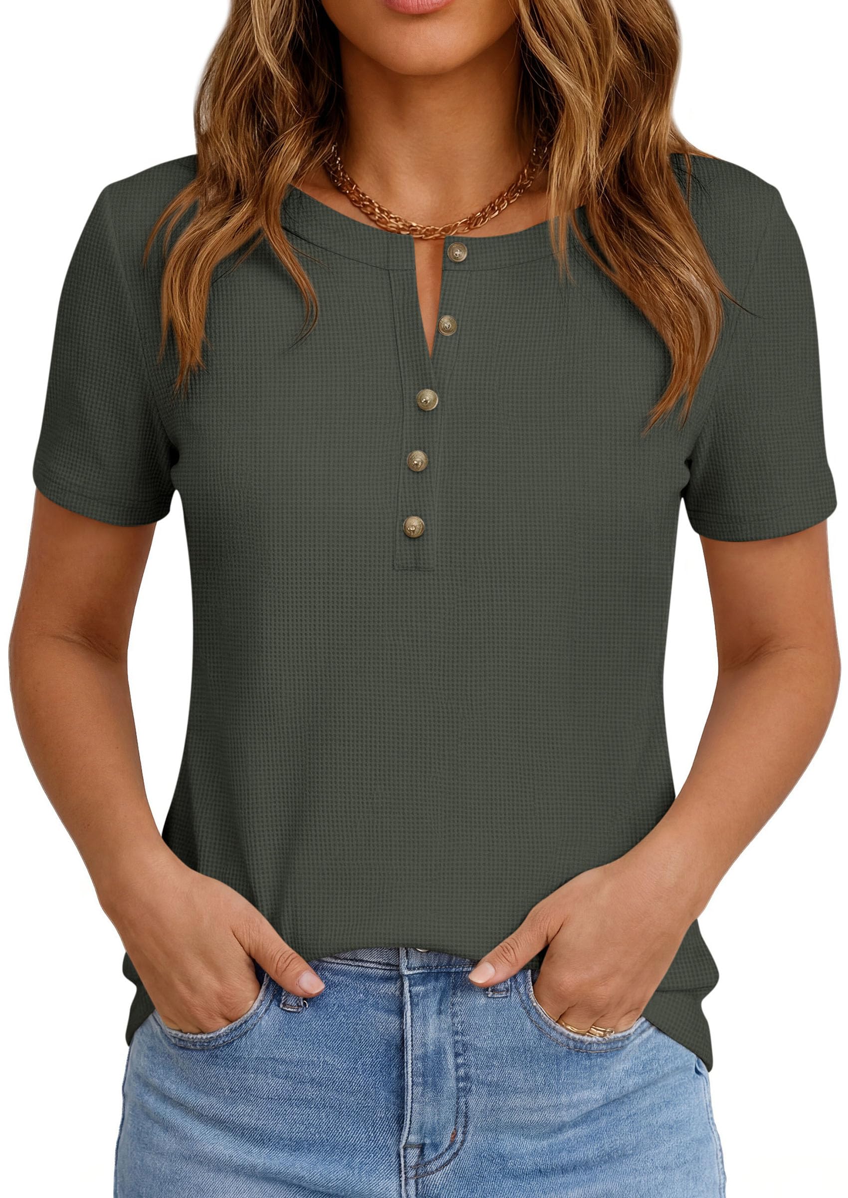 PRETTYGARDEN Waffle Knit Tops for Women Short Sleeve Henley Shirts  Summer Blouses Dressy Casual Spring Fashion Clothes