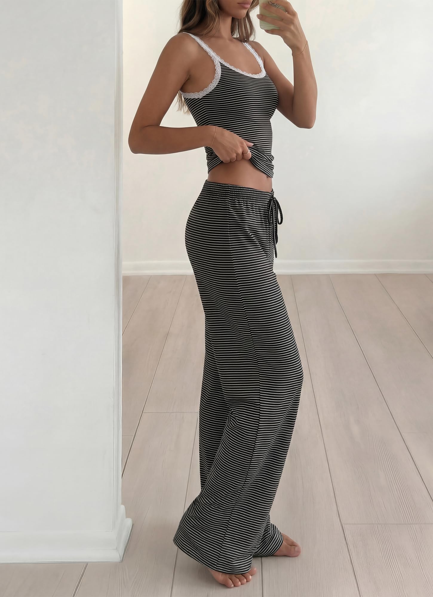 BTFBM Lounge Sets For Women Striped 2 Piece Pajama Sets Spaghetti Strap Tops Wide Leg Pants Beach Vacation Outfits