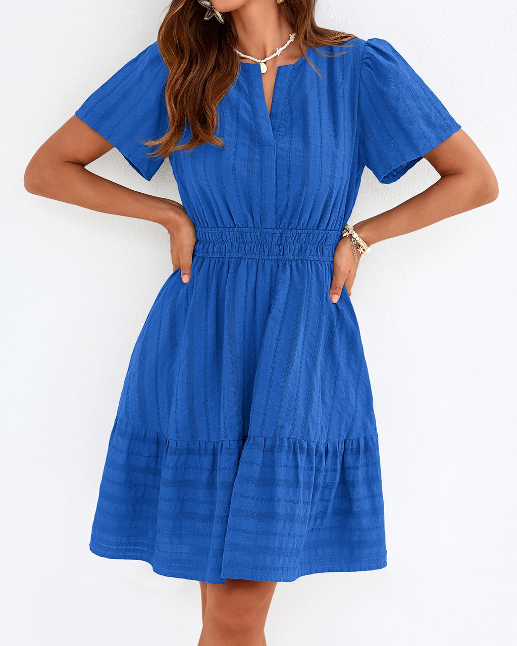 BTFBM Womens Spring  Casual Mini Dresses Lightweight Short Sleeve V Neck Elastic Waist Cute Boho Beach Dress Pockets