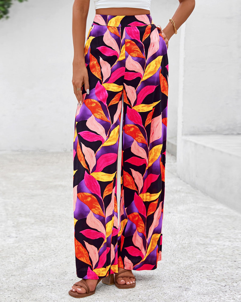 FreshPretty Womens Wide Leg Summer Pants Boho Beach Vacation Loose Elastic Waist Printed Palazzo Pant Pockets