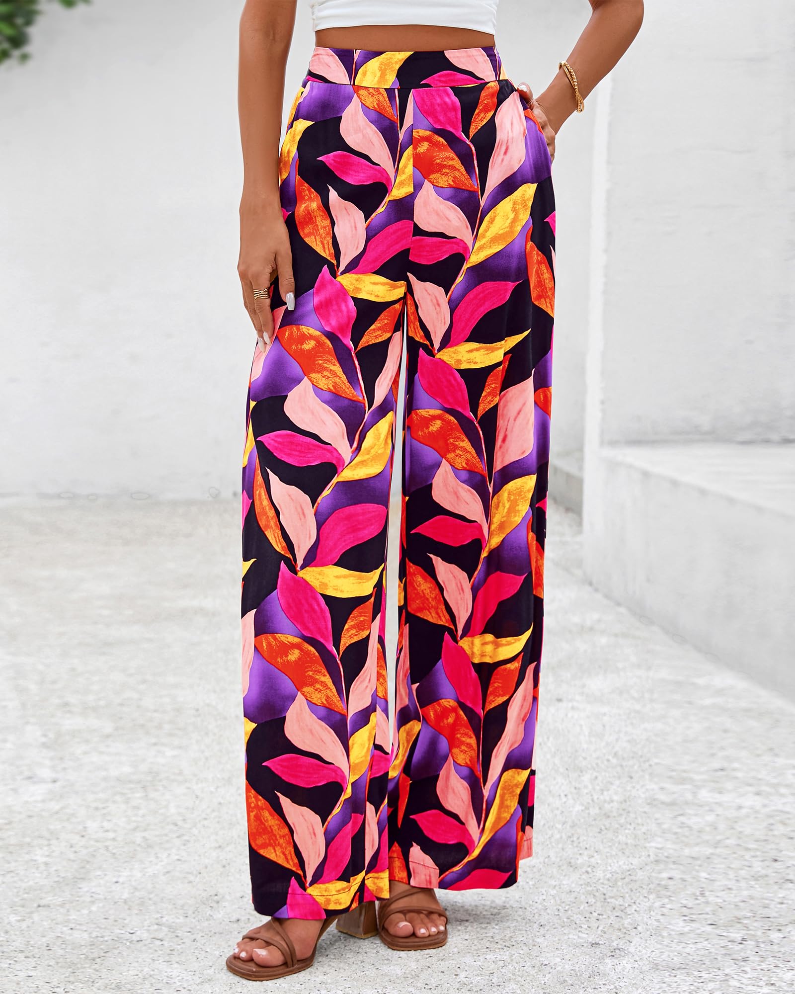 FreshPretty Womens Wide Leg Summer Pants Boho Beach Vacation Loose Elastic Waist Printed Palazzo Pant Pockets