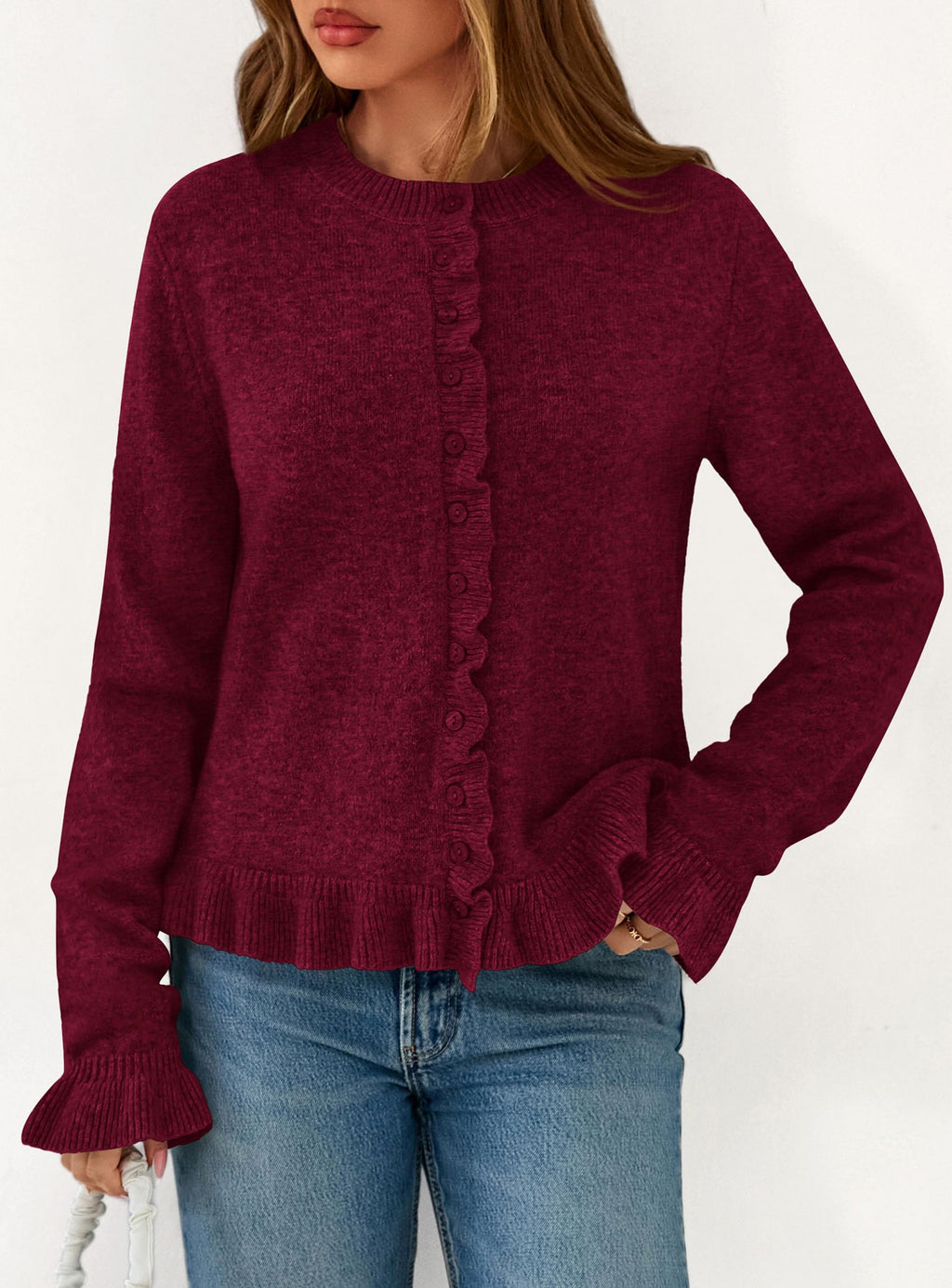 PRETTYGARDEN Womens Fall Button Down Cardigans Chunky Knit Ruffle Open Front Cropped Cardigan Sweaters Soft Long Sleeve Tops