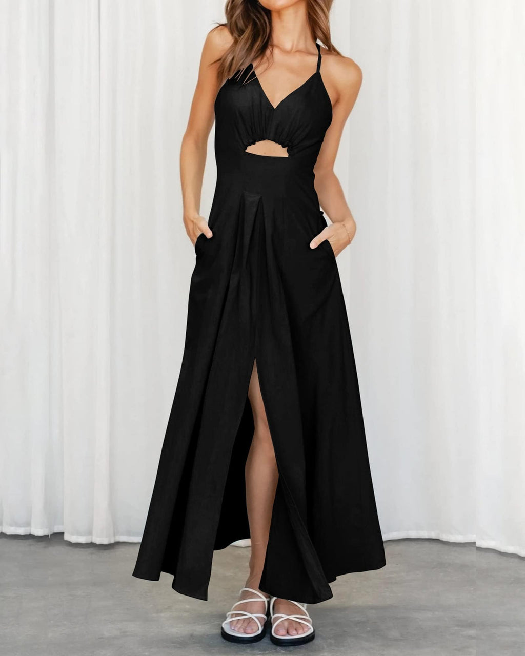 FreshPretty Women Summer Spaghetti Strap Midi Dress Sleeveless V Neck Cutout Slit Casual Beach Party Maxi Dresses Pockets