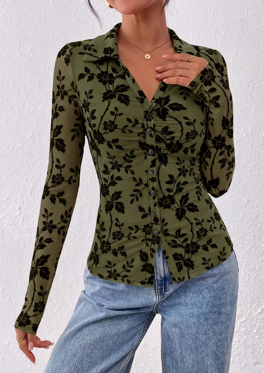 PRETTYGARDEN Women's Long Sleeve Floral Mesh Boho Tops Button Down Shirts Fall Blouses Dressy, Ruched Slim Fit, Collared V Neck, Trendy Going Out Date Night Outfit, Elegant Casual Work Office Clothes