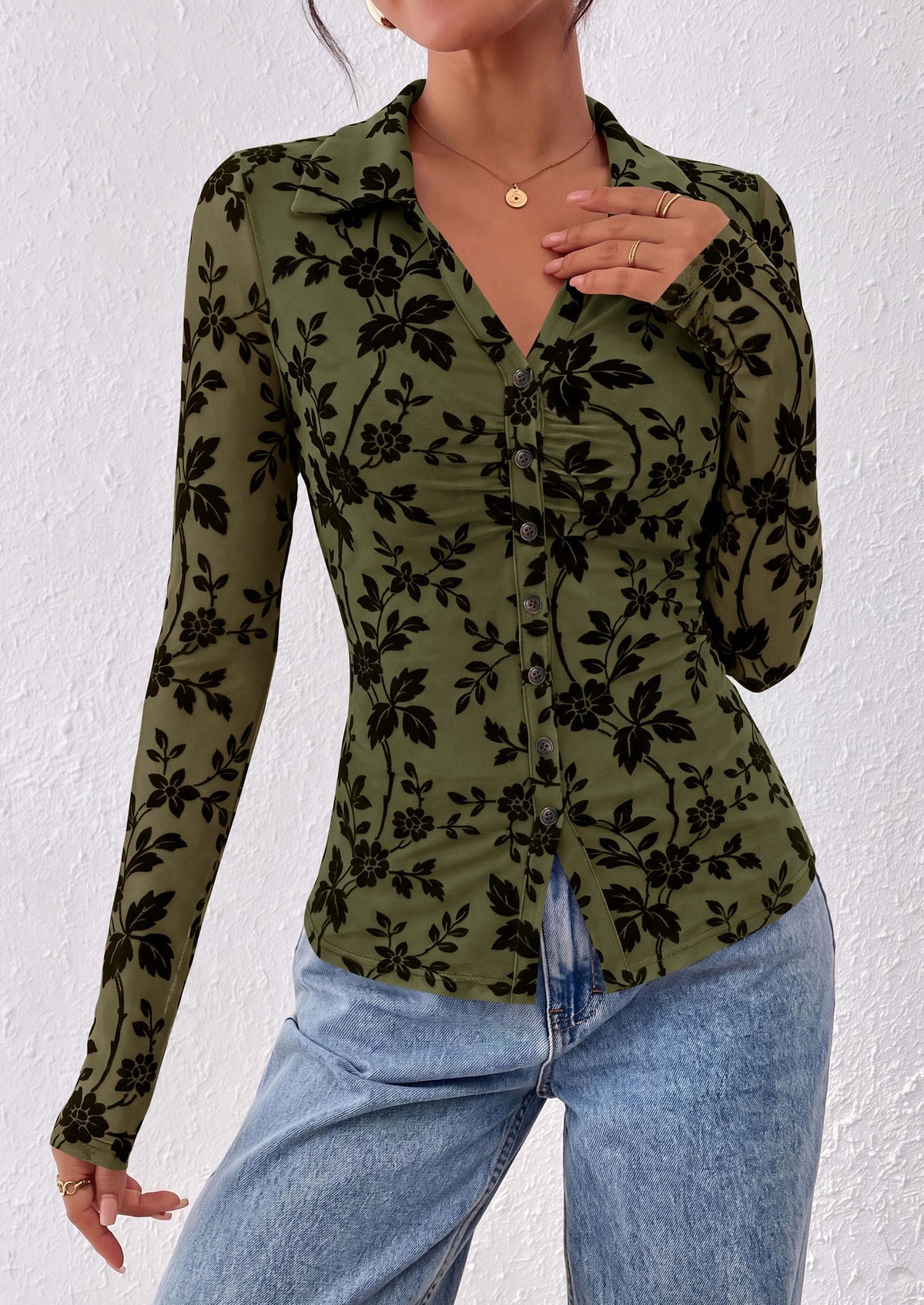 PRETTYGARDEN Women's Long Sleeve Floral Mesh Boho Tops Button Down Shirts Fall Blouses Dressy, Ruched Slim Fit, Collared V Neck, Trendy Going Out Date Night Outfit, Elegant Casual Work Office Clothes