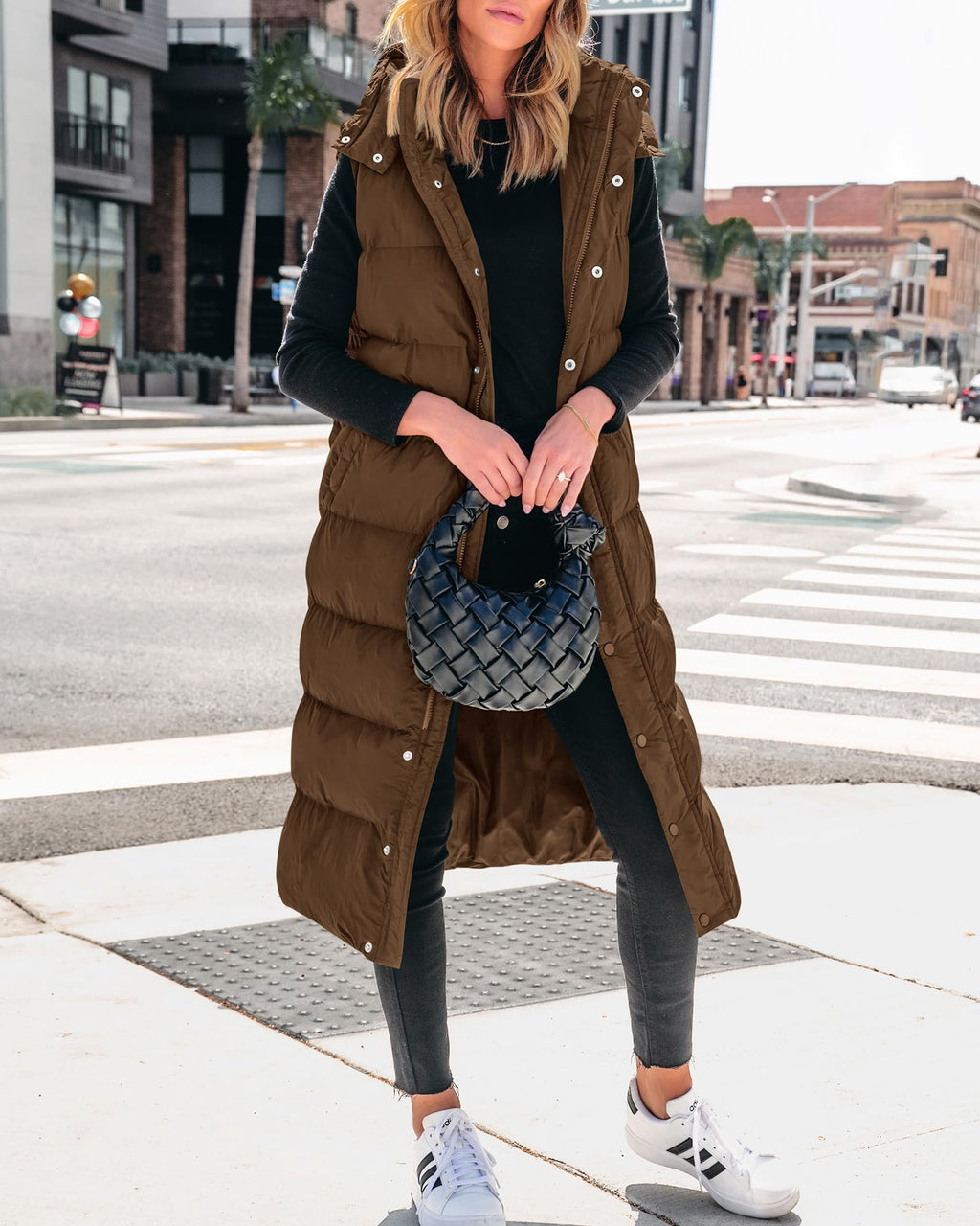 FreshPretty Long Puffer Vest Women Quilted Hooded Button Down Zip Up Sleeveless Vests Outerwear Padded Jacket Fall Winter Coat