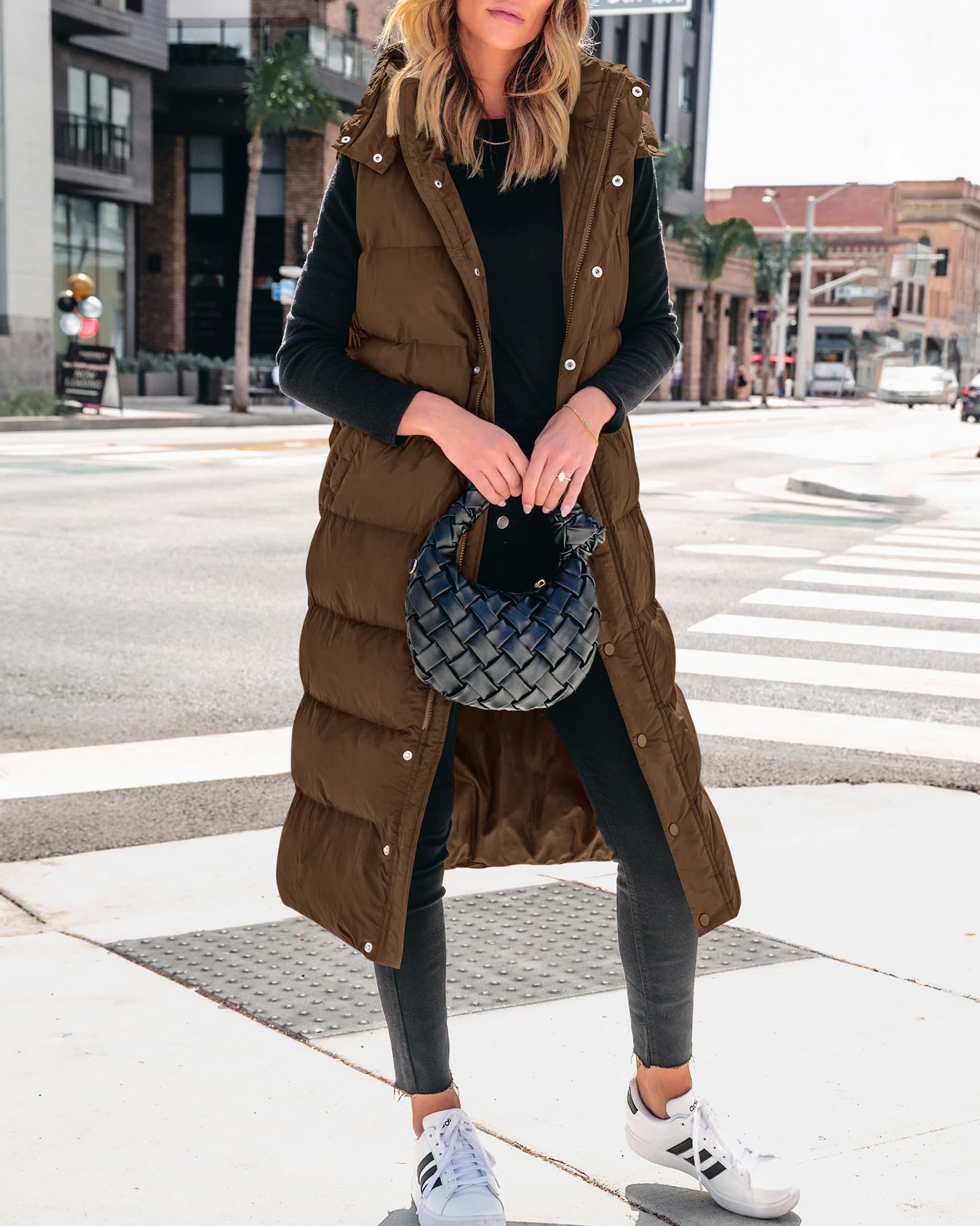 FreshPretty Long Puffer Vest Women Quilted Hooded Button Down Zip Up Sleeveless Vests Outerwear Padded Jacket Fall Winter Coat