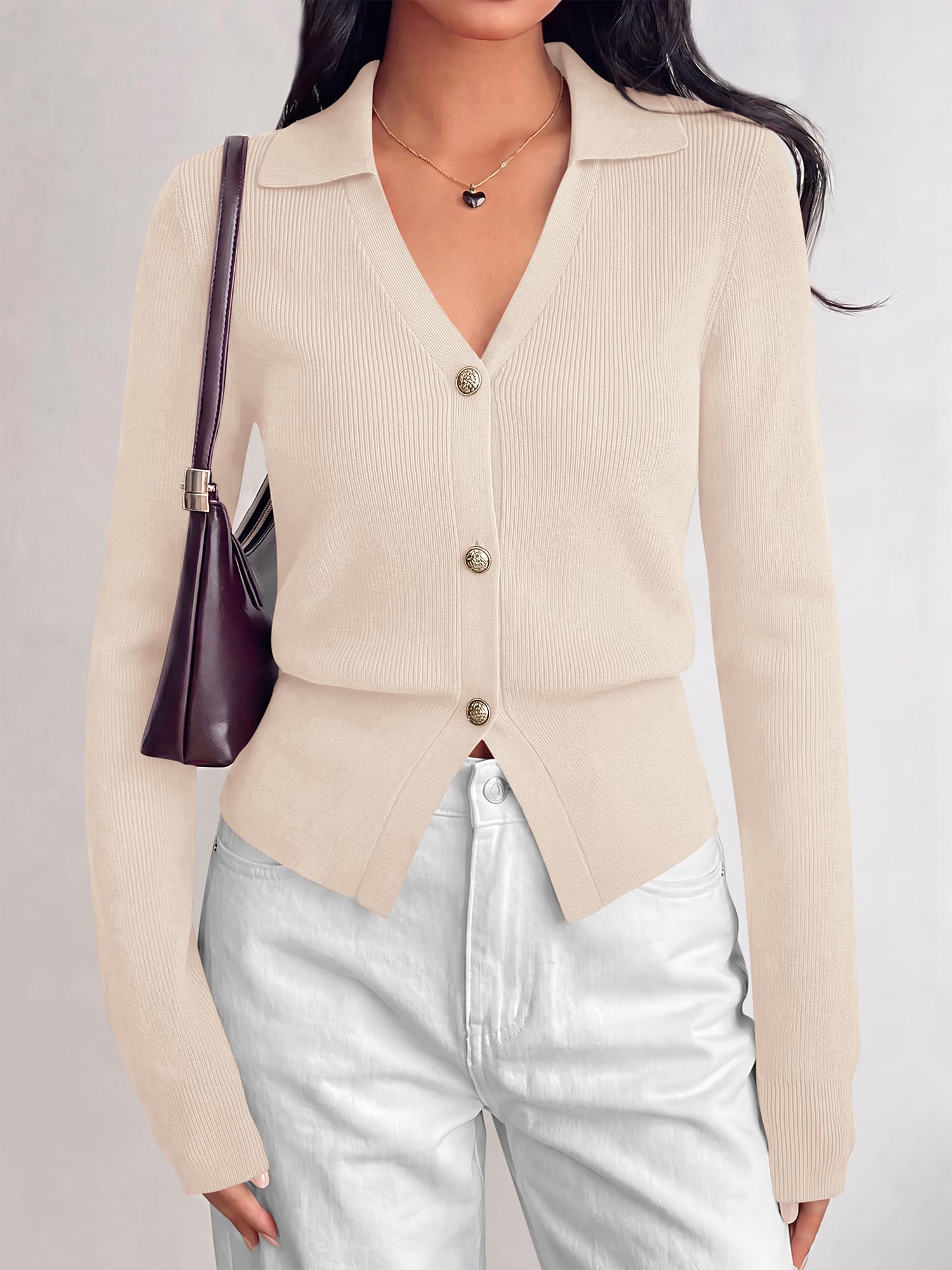 BTFBM Women Long Sleeve Lightweight Cardigans Knitted Button Down Shirts Lapel V Neck, Cropped Sweaters, Slim Fit, Ribbed, Y2K Going Out Tops, Business Casual Outfits, Spring, Fall, Winter Layering