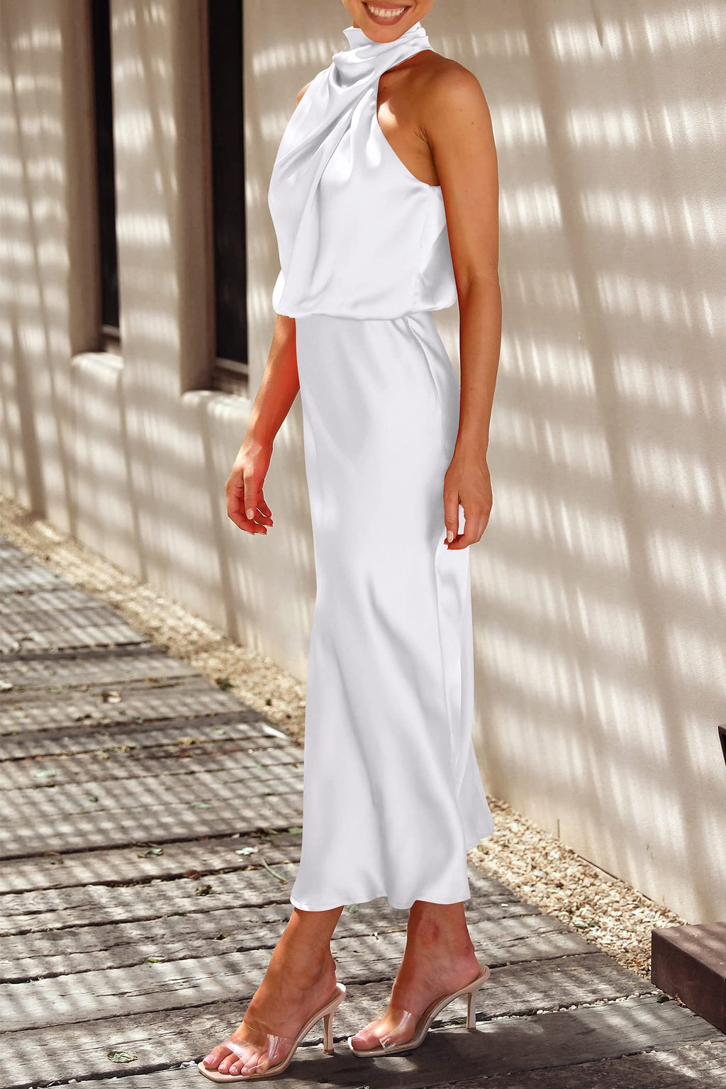 PRETTYGARDEN Women's Summer Satin Dress Elegant Sleeveless Mock Neck Cocktail Party Maxi Dresses