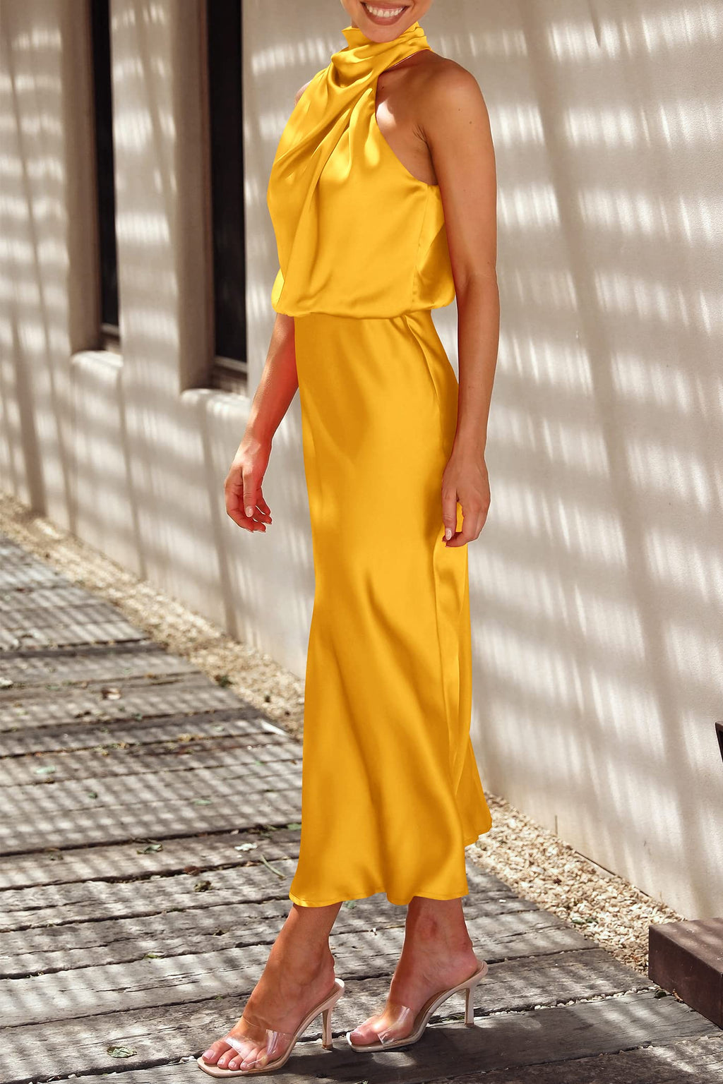 PRETTYGARDEN Women's Summer Satin Dress Elegant Sleeveless Mock Neck Cocktail Party Maxi Dresses