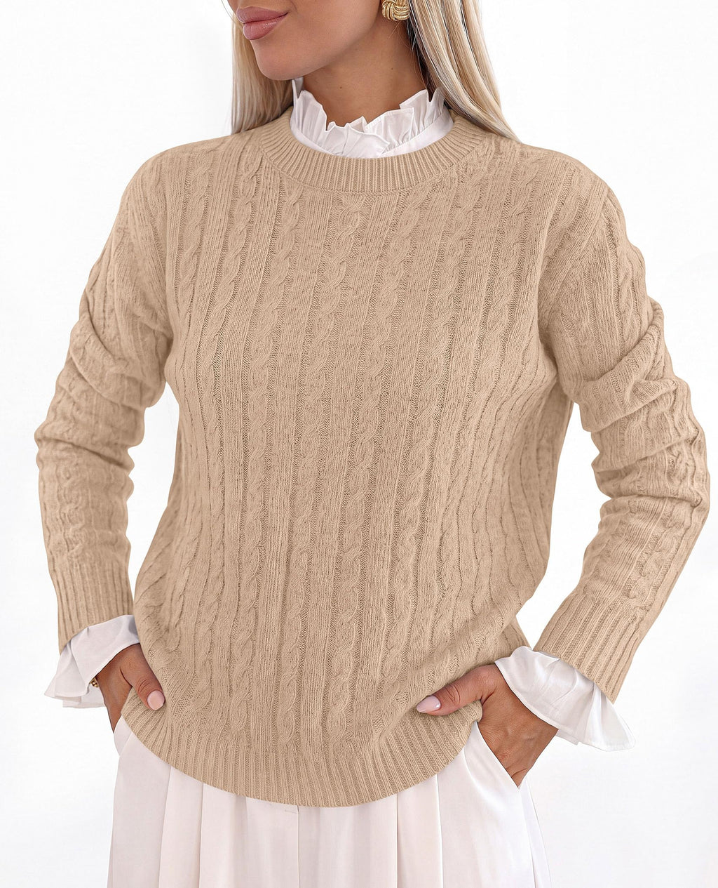 PRETTYGARDEN Women's Cable Knit Sweaters Long Sleeve Pullover Fall Outfits Soft Cozy Knit Tops, Ribbed Crewneck Regular Fit, Basic Daily, Work Business Casual, Teacher Outfits, Winter Layer Clothing
