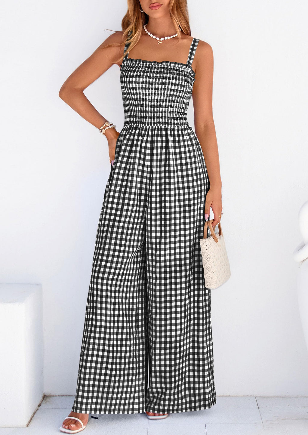 PRETTYGARDEN One Piece Jumpsuits for Women Casual Summer Cruise Outfits  Spring Fashion Smocked Wide Leg Gingham Rompers