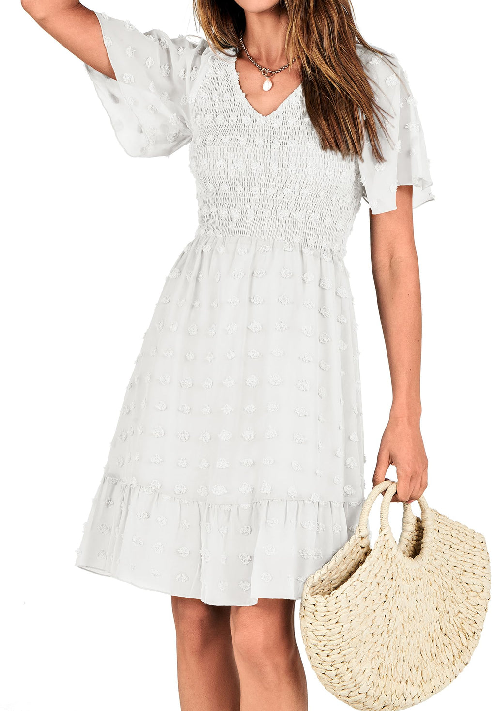 FreshPretty Womens Beach Vacation Dress Summer V Neck Short Sleeve Smocked Swiss Dot Cute Ruffle Casual Fall Mini Dresses