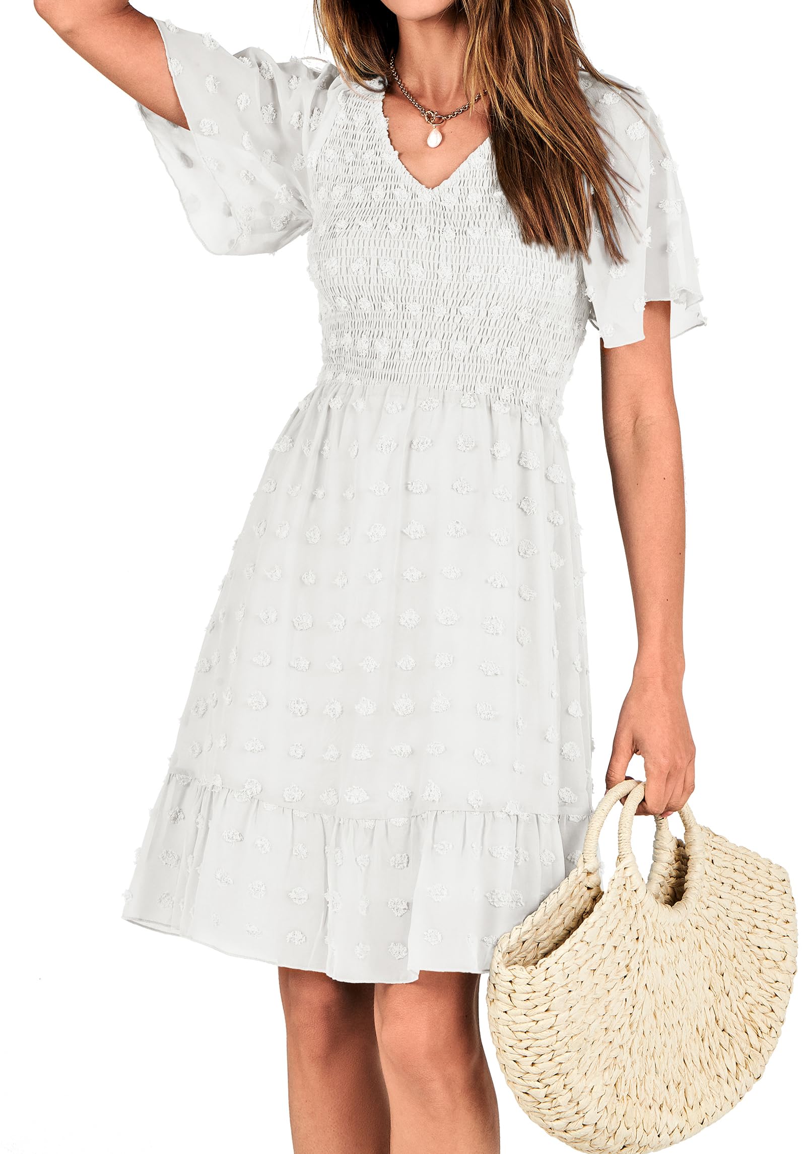 FreshPretty Womens Beach Vacation Dress Summer V Neck Short Sleeve Smocked Swiss Dot Cute Ruffle Casual Fall Mini Dresses