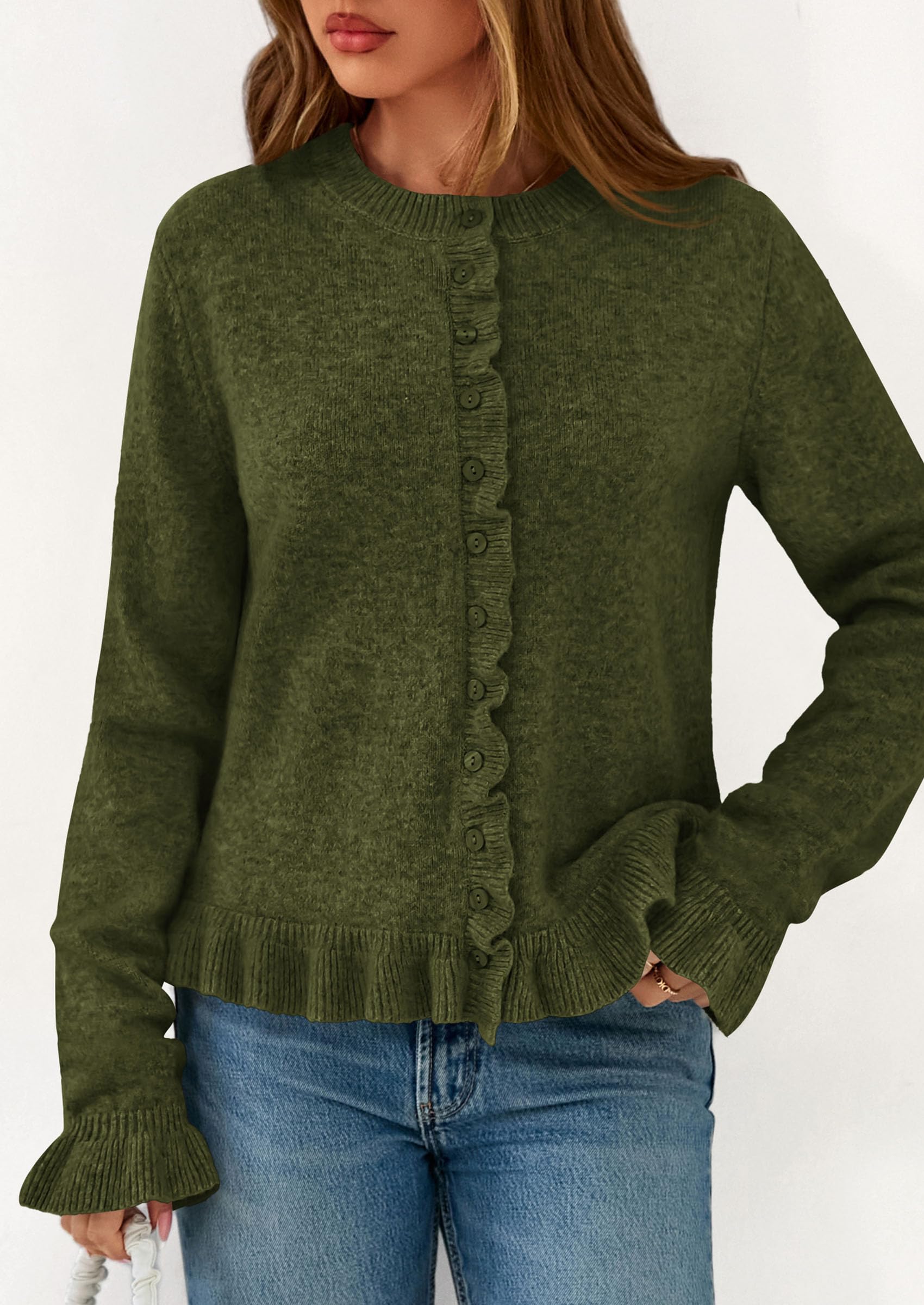 PRETTYGARDEN Womens Fall Button Down Cardigans Chunky Knit Ruffle Open Front Cropped Cardigan Sweaters Soft Long Sleeve Tops