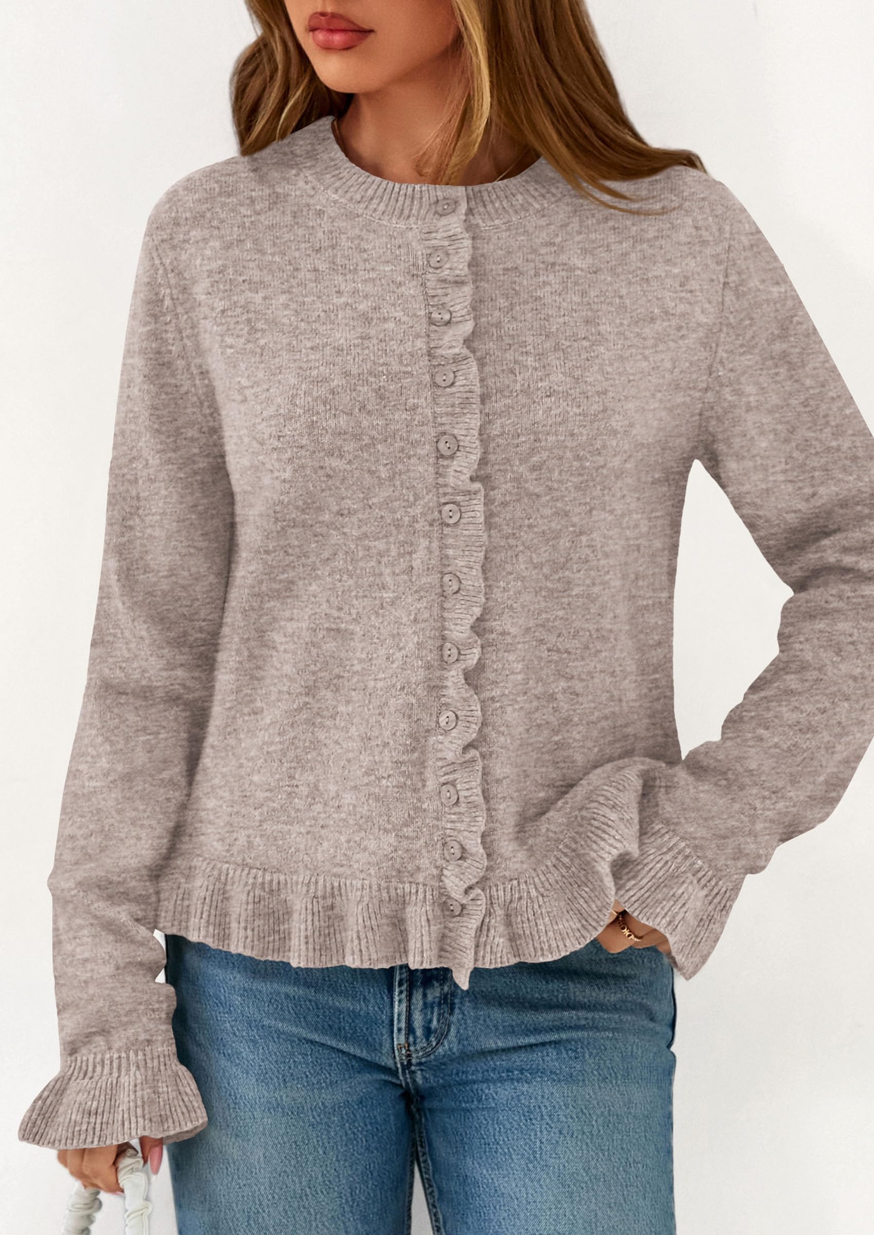 PRETTYGARDEN Womens Fall Button Down Cardigans Chunky Knit Ruffle Open Front Cropped Cardigan Sweaters Soft Long Sleeve Tops