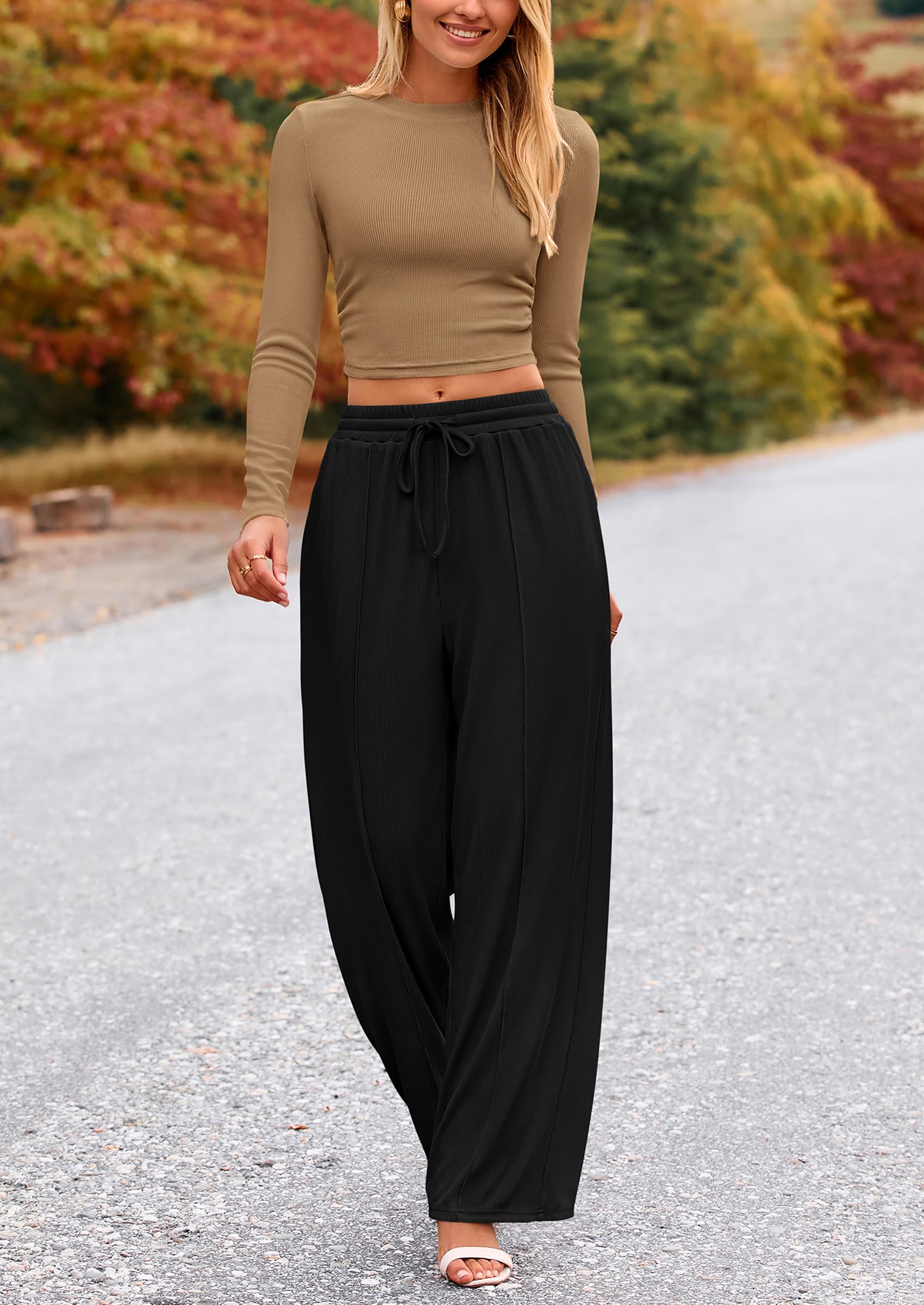 PRETTYGARDEN Women's 2 Piece Loungewear Long Sleeve Crop Top Wide Leg Palazzo Pants Set Tracksuits Casual Outfit