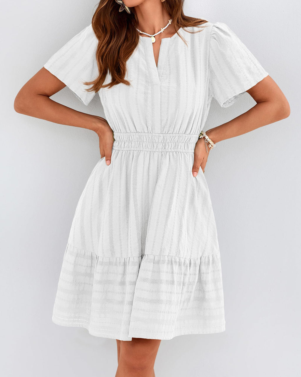 BTFBM Womens Spring  Casual Mini Dresses Lightweight Short Sleeve V Neck Elastic Waist Cute Boho Beach Dress Pockets