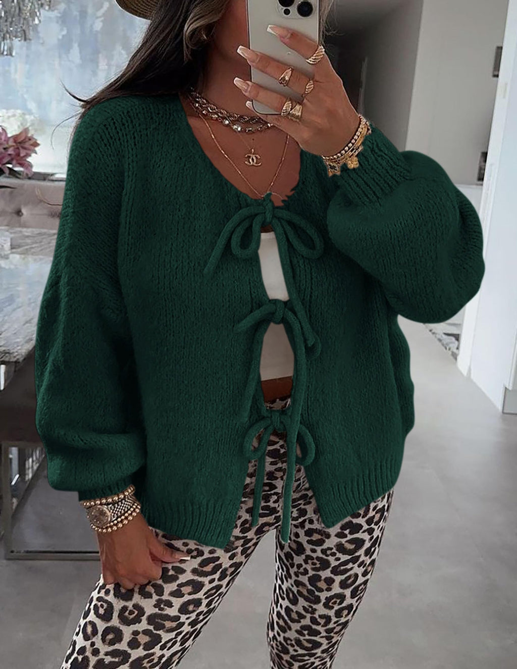 PRETTYGARDEN Women's Tie Front Bow Cardigan Sweaters Chunky Knit Long Puff Sleeve Trendy Fall Winter Jacket Coat