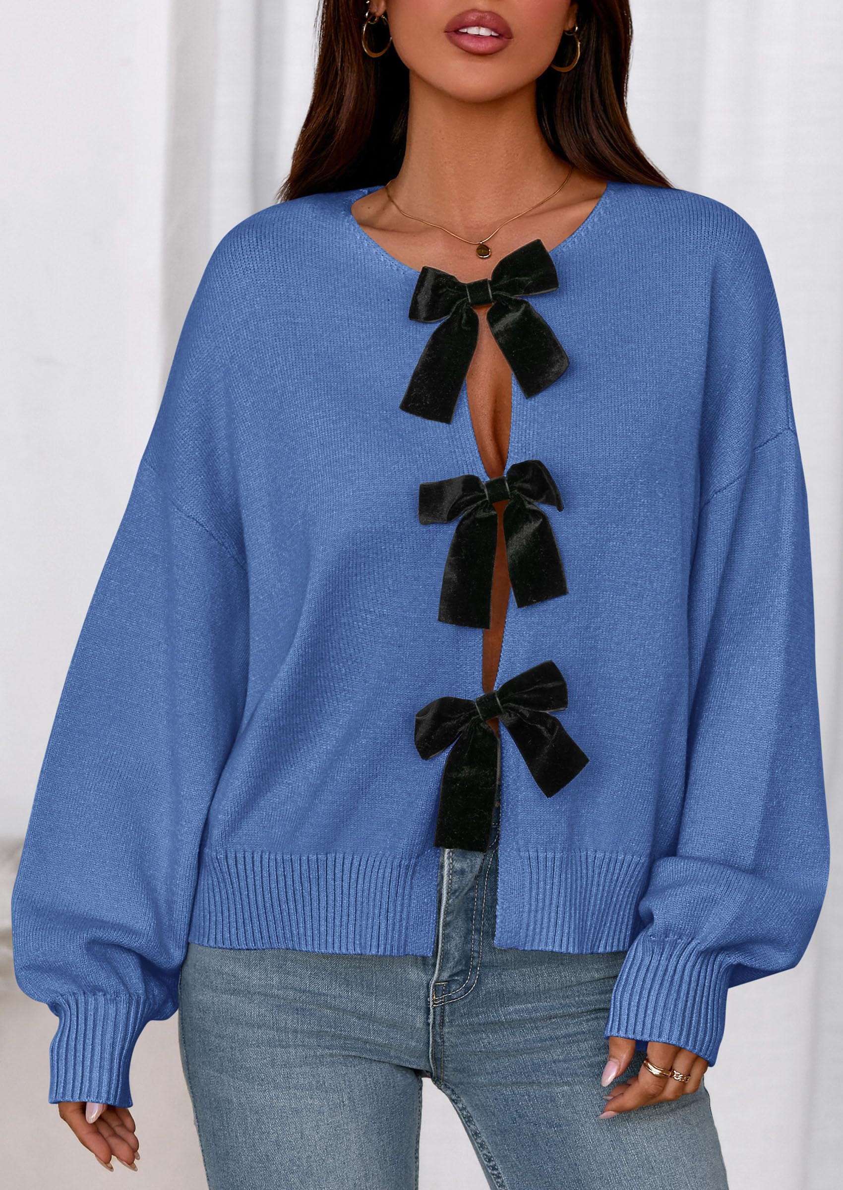 PRETTYGARDEN Cardigan Sweaters for Women Fall Fashion Bow Tie Front Long Sleeve Knit Sweater Tops Cute Winter Clothes