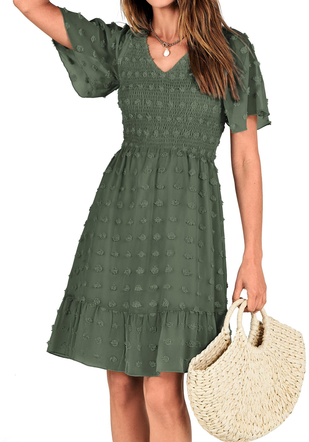 FreshPretty Womens Beach Vacation Dress Summer V Neck Short Sleeve Smocked Swiss Dot Cute Ruffle Casual Fall Mini Dresses